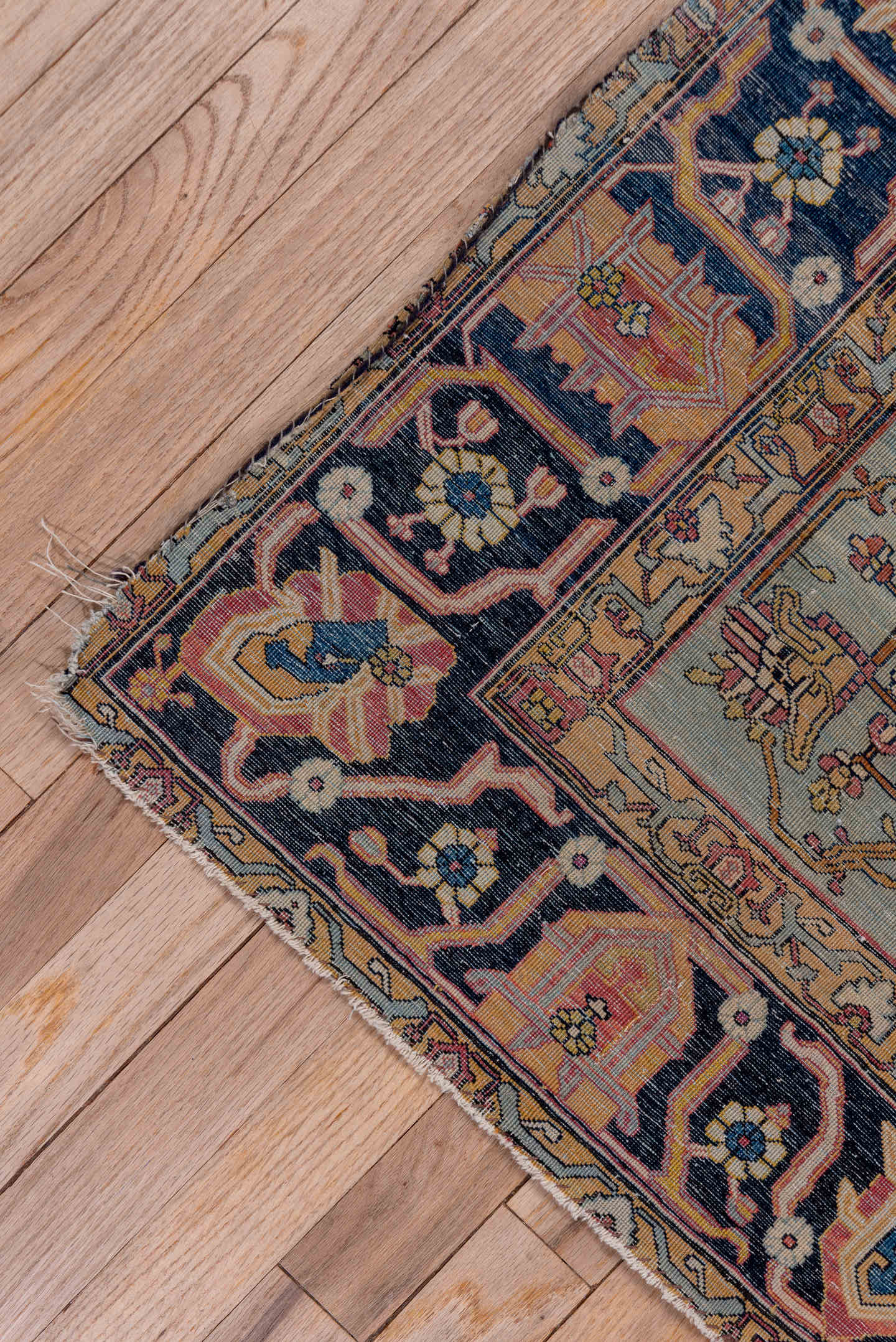 4' x 6' one-of-a-kind handmade antique Mohtasham Kashan small size rug. Color palette: ivory, navy, camel, burgundy, gold