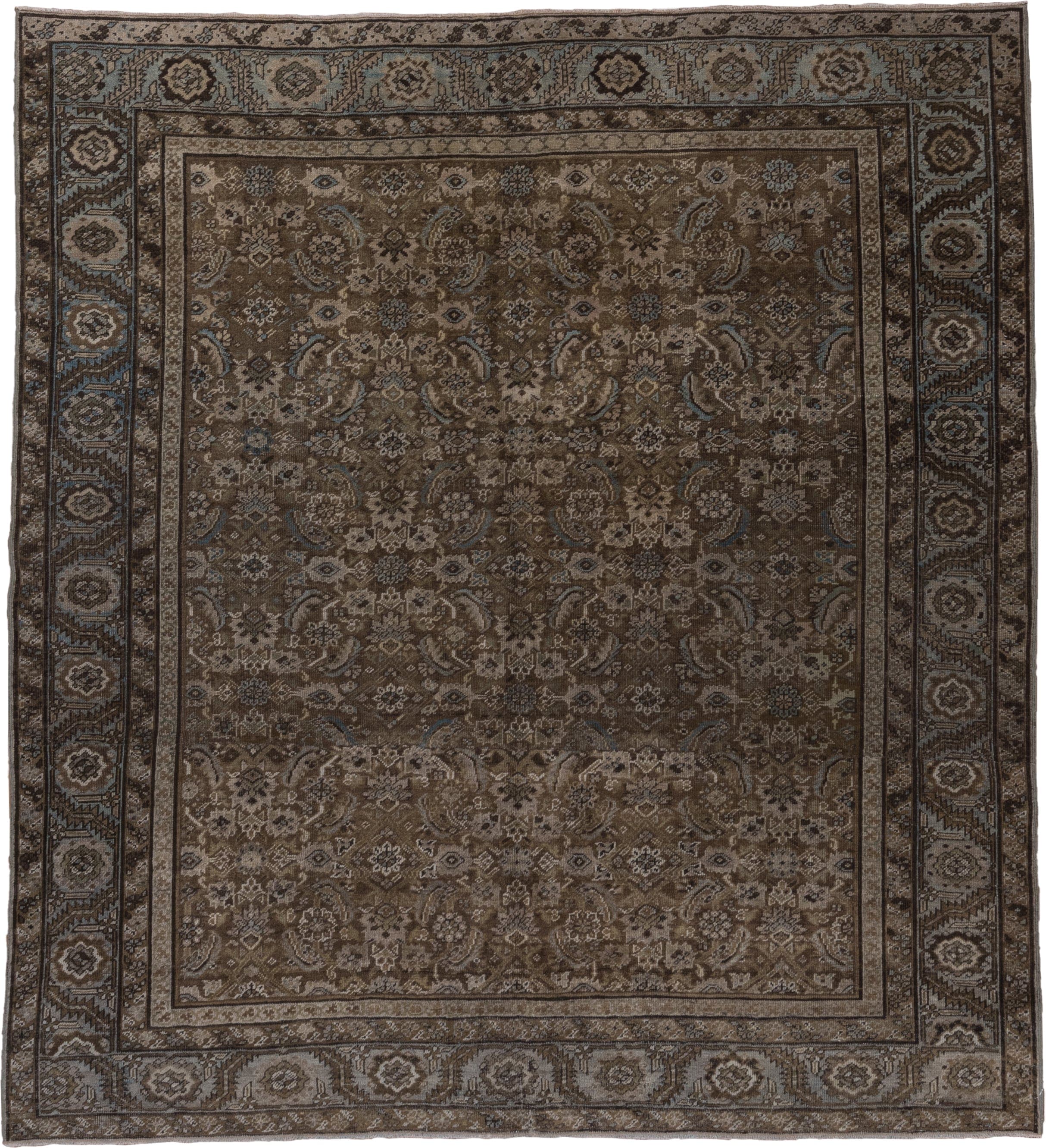6' x 7' one-of-a-kind handmade antique Karabagh rug. Color palette: taupe, brown, ivory, slate, camel, charcoal, pale blue