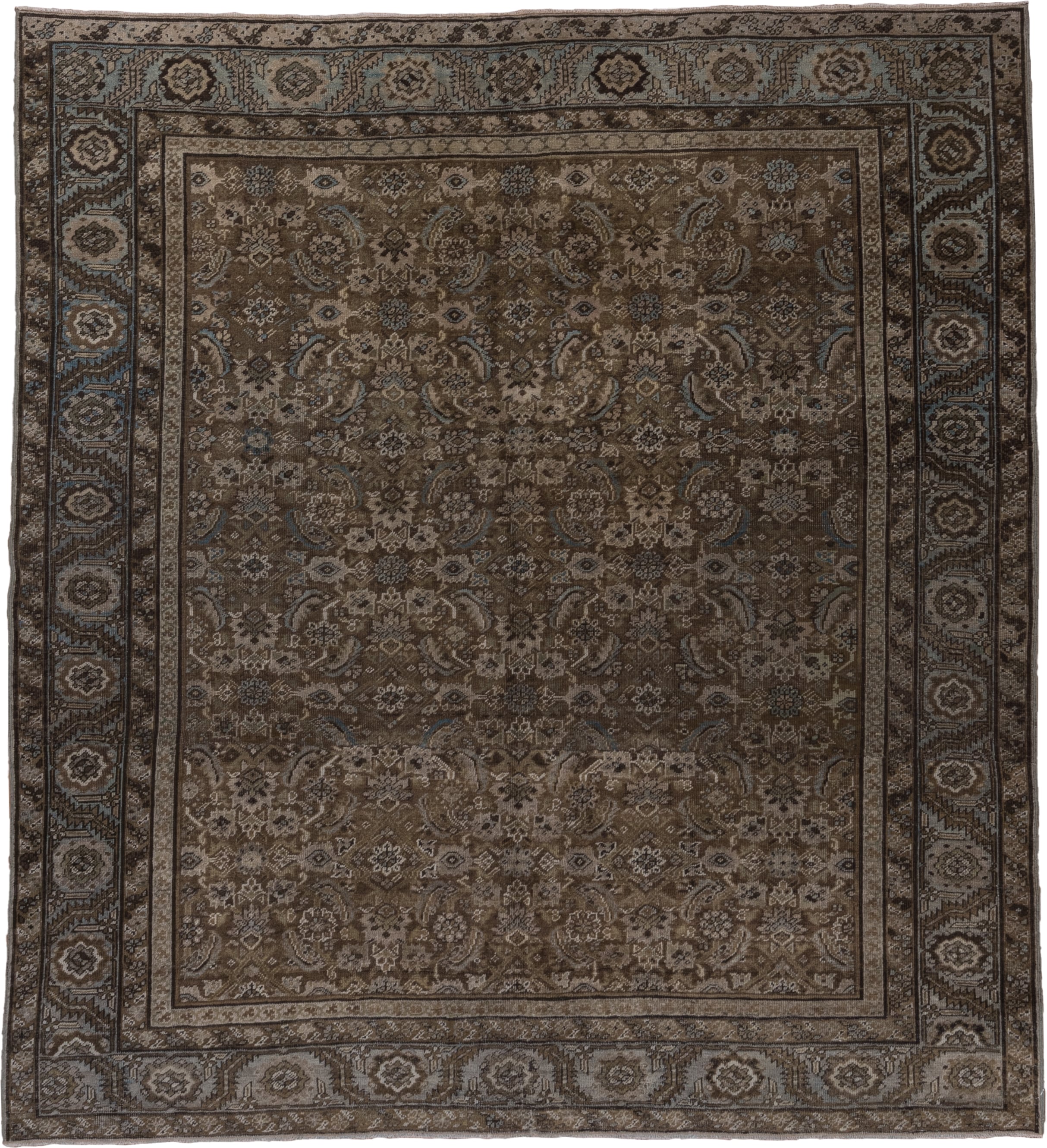 6' x 7' one-of-a-kind handmade antique Karabagh rug. Color palette: taupe, brown, ivory, slate, camel, charcoal, pale blue