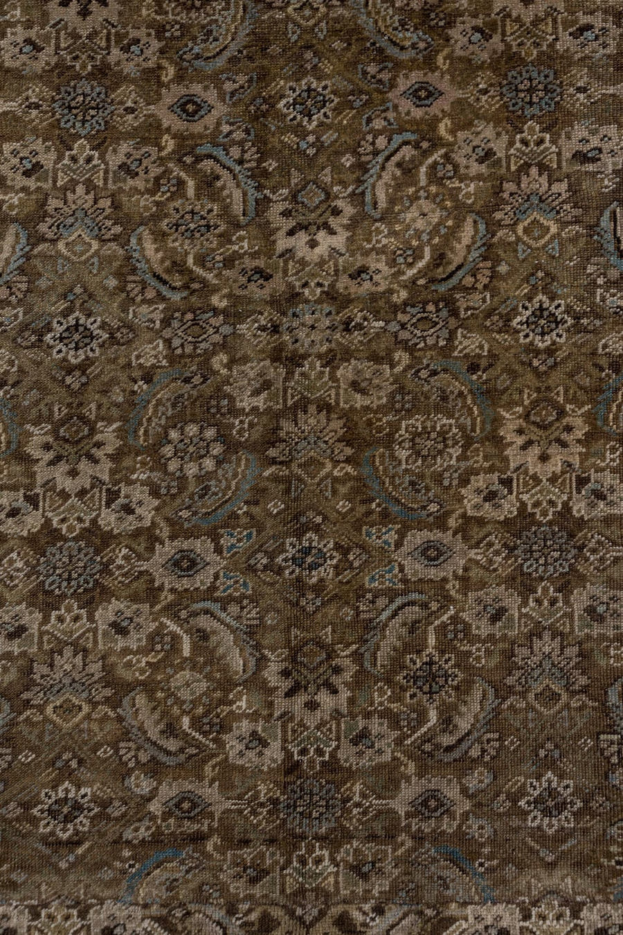 6' x 7' one-of-a-kind handmade antique Karabagh rug. Color palette: taupe, brown, ivory, slate, camel, charcoal, pale blue