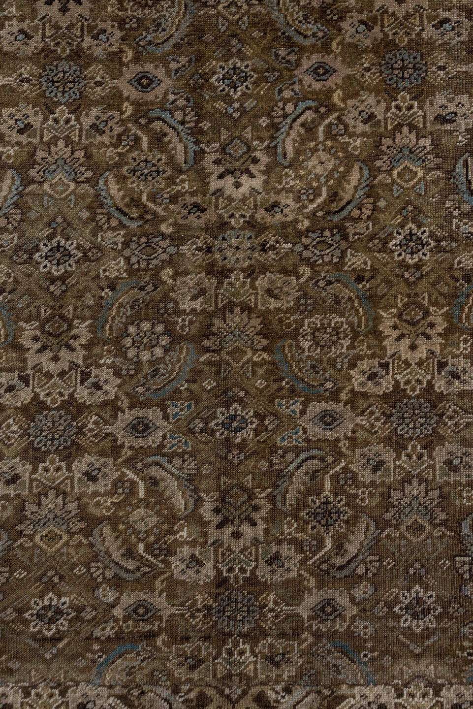 6' x 7' one-of-a-kind handmade antique Karabagh rug. Color palette: taupe, brown, ivory, slate, camel, charcoal, pale blue