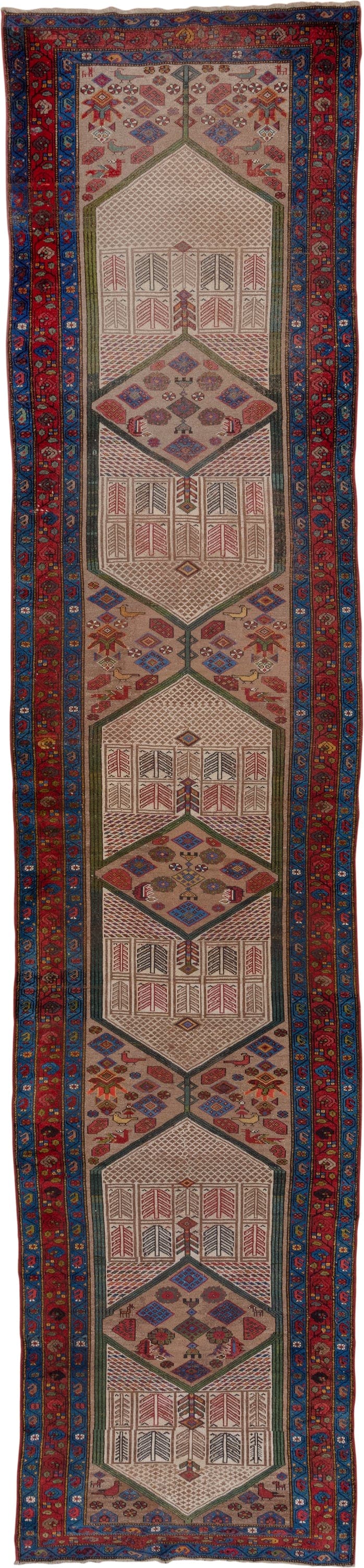 4' x 18' one-of-a-kind handmade antique Cam Hamadan runner rug. Color palette: ivory, crimson, indigo, navy, olive, rust