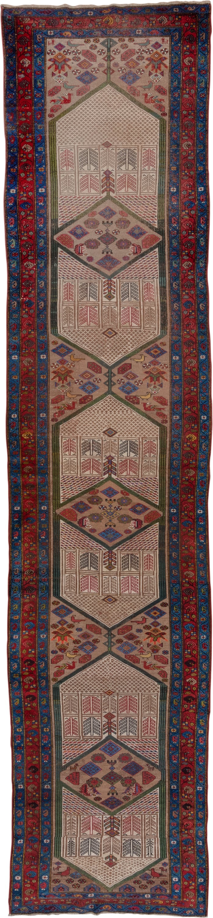4' x 18' one-of-a-kind handmade antique Cam Hamadan runner rug. Color palette: ivory, crimson, indigo, navy, olive, rust