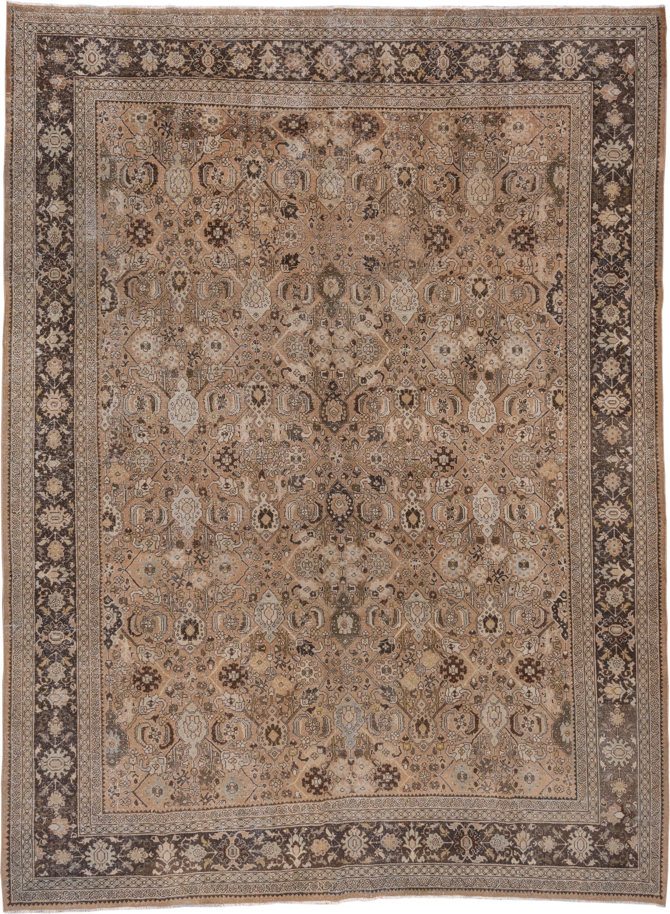 9' x 12' one-of-a-kind handmade antique Mahal large size rug. Color palette: camel, brown, ivory, taupe, beige, charcoal