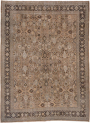 9' x 12' one-of-a-kind handmade antique Mahal large size rug. Color palette: camel, brown, ivory, taupe, beige, charcoal