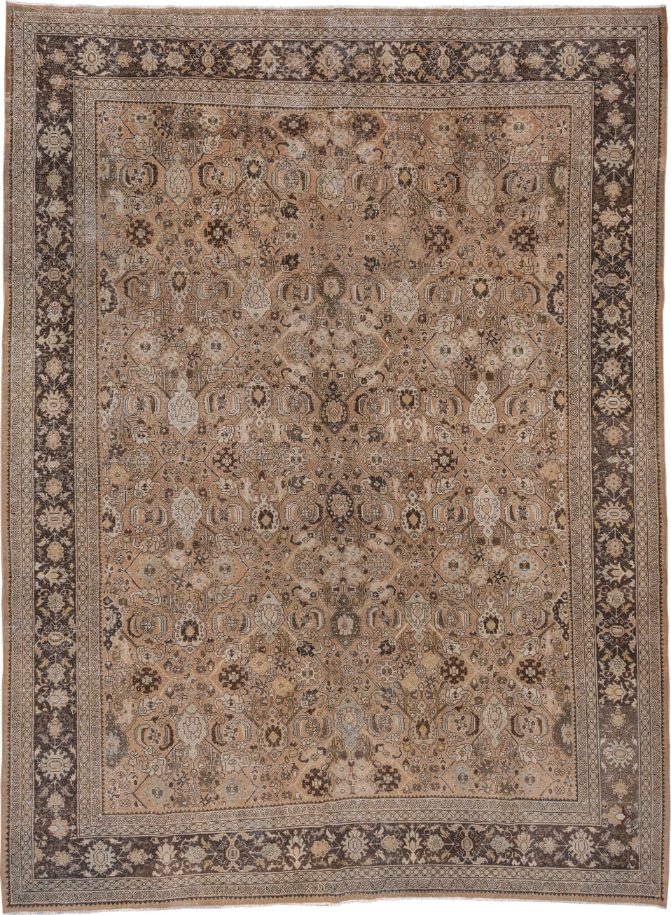 9' x 12' one-of-a-kind handmade vintage Mahal large size rug. Color palette: brown, gray, light gray, off-white, pink