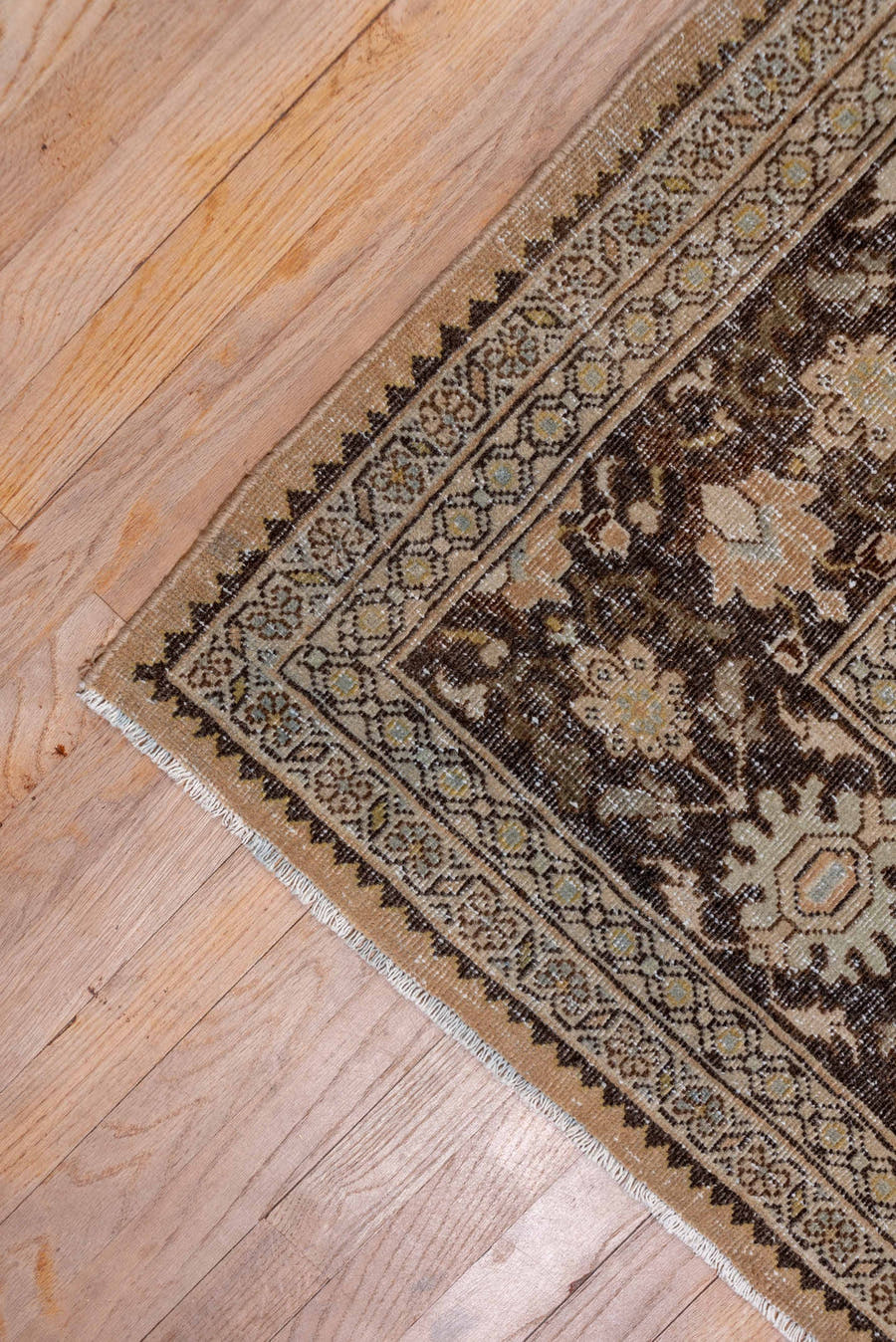 9' x 12' one-of-a-kind handmade antique Mahal large size rug. Color palette: camel, brown, ivory, taupe, beige, charcoal