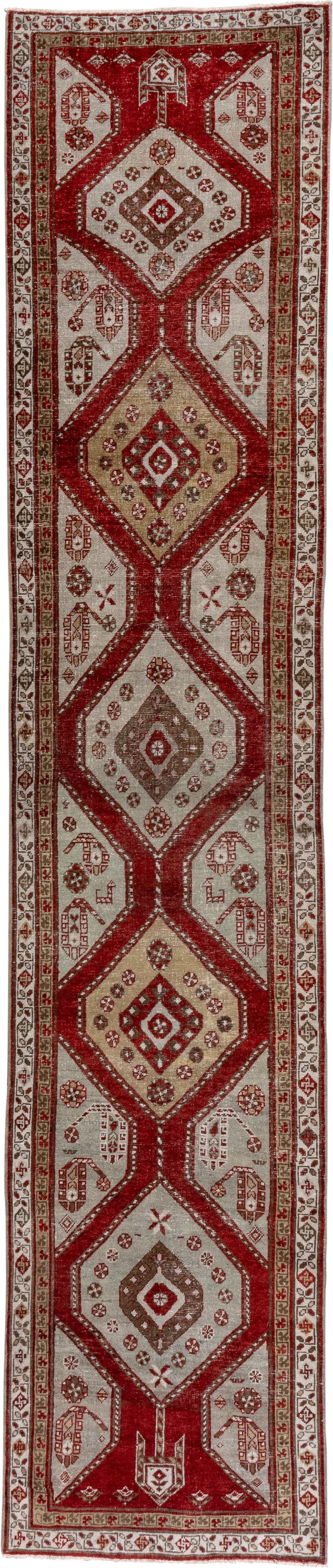 3' x 15' one-of-a-kind handmade antique Oushak runner rug. Color palette: crimson, ivory, taupe, camel, rose, red, beige
