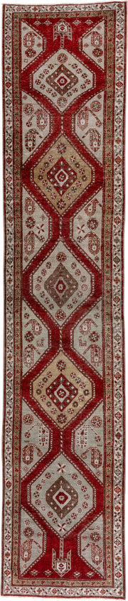 3' x 15' one-of-a-kind handmade antique Oushak runner rug. Color palette: crimson, ivory, taupe, camel, rose, red, beige