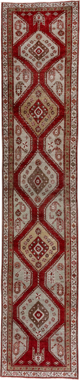 3' x 15' one-of-a-kind handmade antique Oushak runner rug. Color palette: crimson, ivory, taupe, camel, rose, red, beige