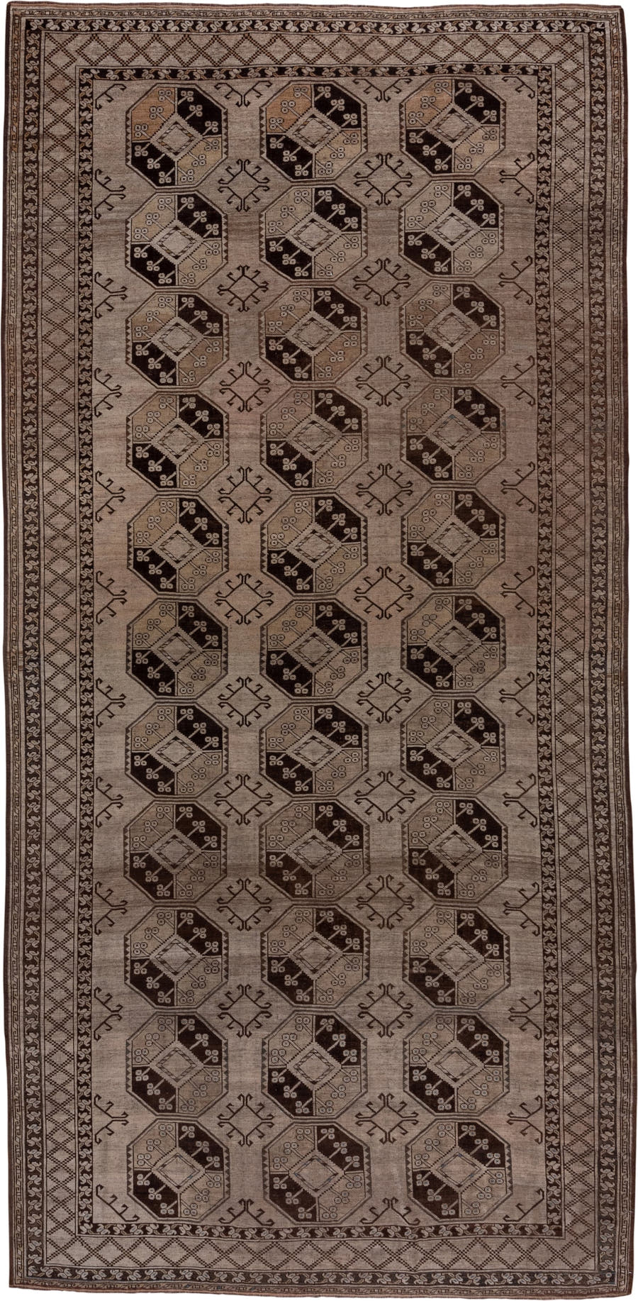 7' x 15' one-of-a-kind handmade antique Afghan rug. Color palette: taupe, brown, camel, ivory, charcoal, beige, gray, black