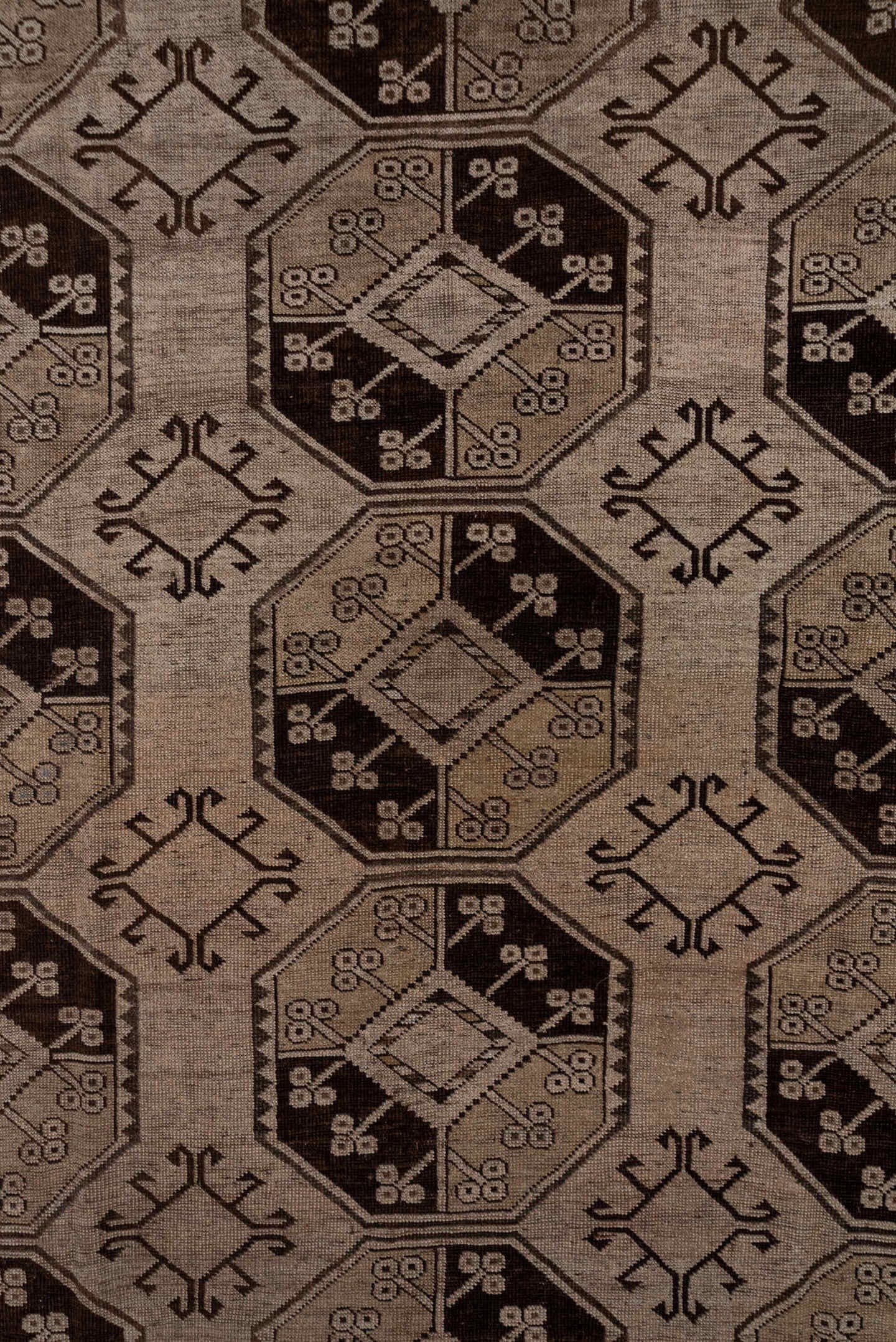 7' x 15' one-of-a-kind handmade antique Afghan rug. Color palette: taupe, brown, camel, ivory, charcoal, beige, gray, black