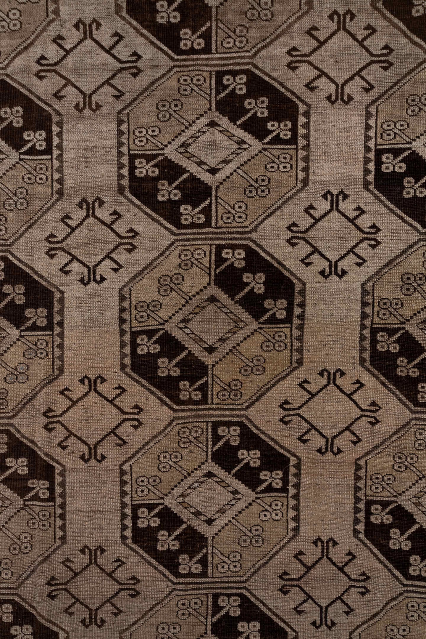 7' x 15' one-of-a-kind handmade antique Afghan rug. Color palette: taupe, brown, camel, ivory, charcoal, beige, gray, black