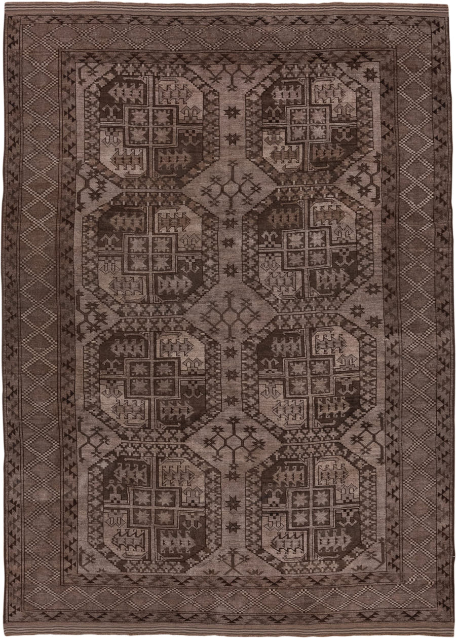 6' x 9' one-of-a-kind handmade antique Afghan medium size rug. Color palette: taupe, brown, charcoal, camel, ivory, beige
