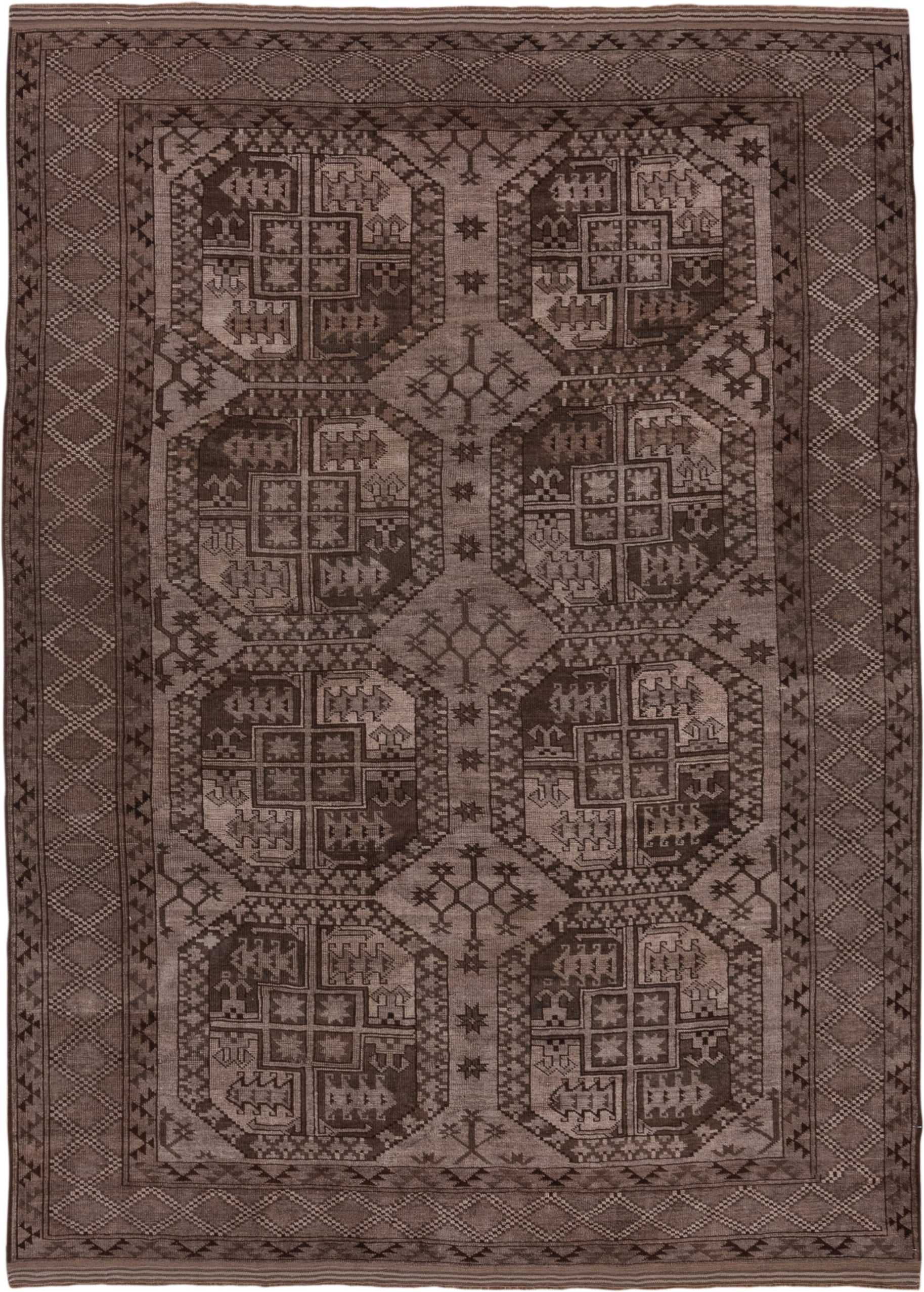 6' x 9' one-of-a-kind handmade antique Afghan medium size rug. Color palette: taupe, brown, charcoal, camel, ivory, beige