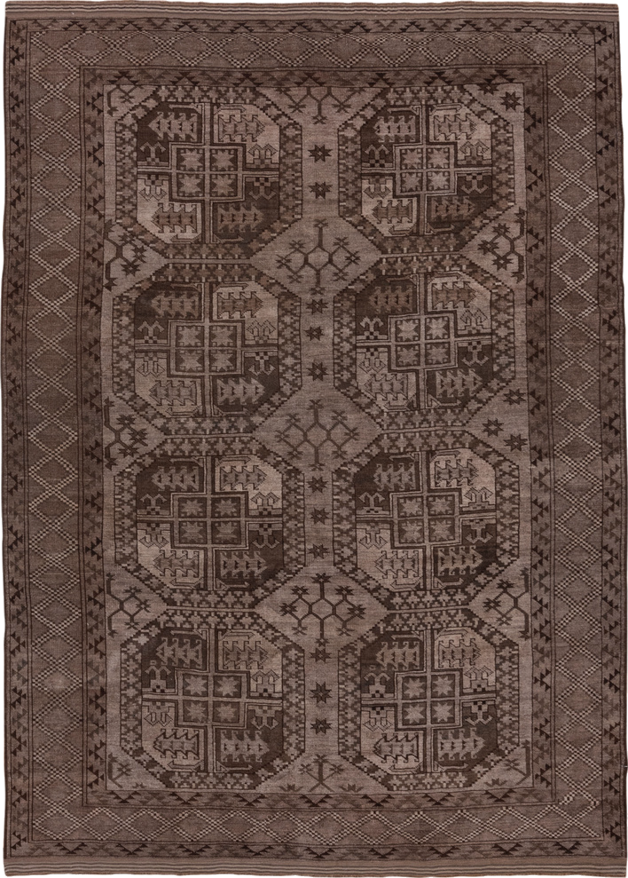 6' x 9' one-of-a-kind handmade vintage Afghan medium size rug. Color palette: brown, gray, light gray, off-white, pink