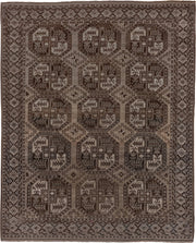 7' x 9' one-of-a-kind handmade antique Afghan rug. Color palette: brown, taupe, ivory, charcoal, camel, slate, beige, gray