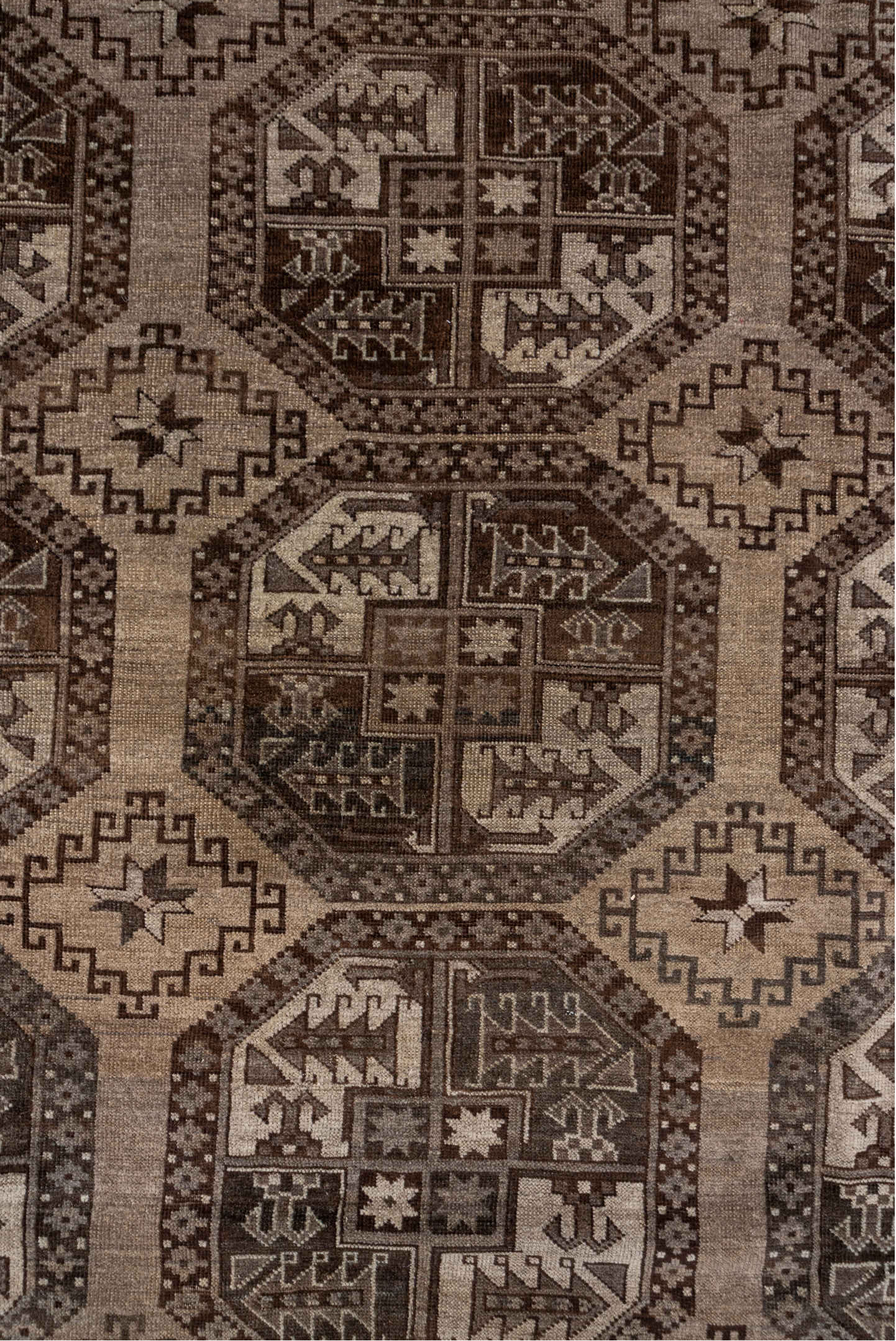 7' x 9' one-of-a-kind handmade vintage Afghan rug. Color palette: brown, gray, off-white, pink, snow, white, whitesmoke