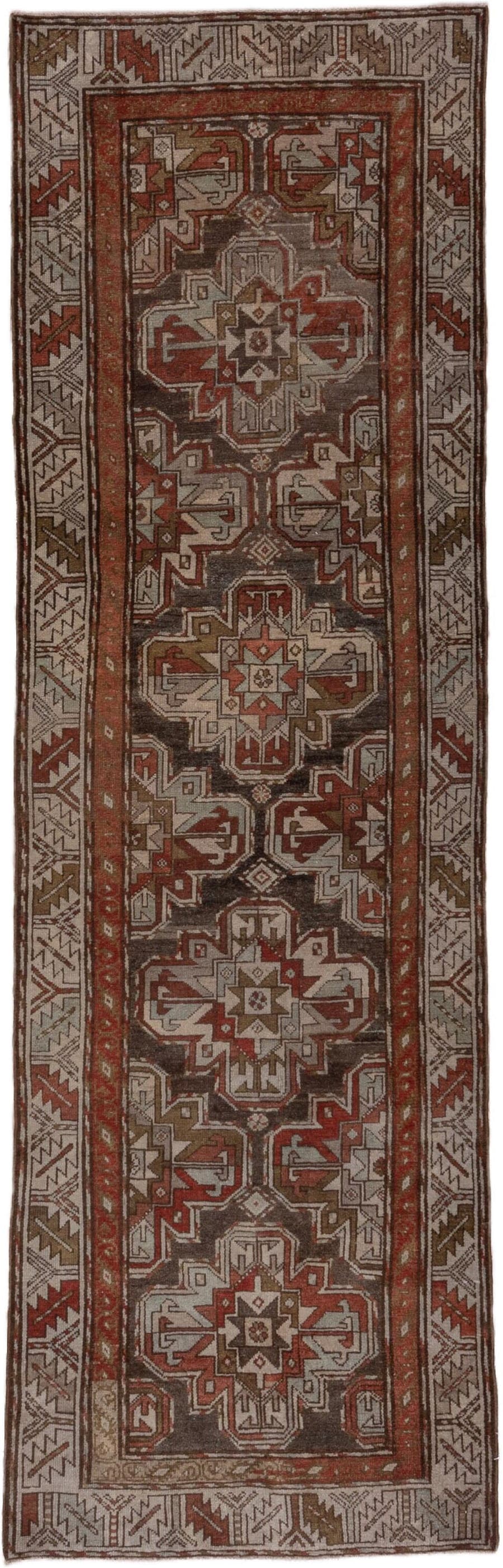 3' x 9' one-of-a-kind handmade antique Malayer runner rug. Color palette: brown, rust, ivory, taupe, terracotta, charcoal