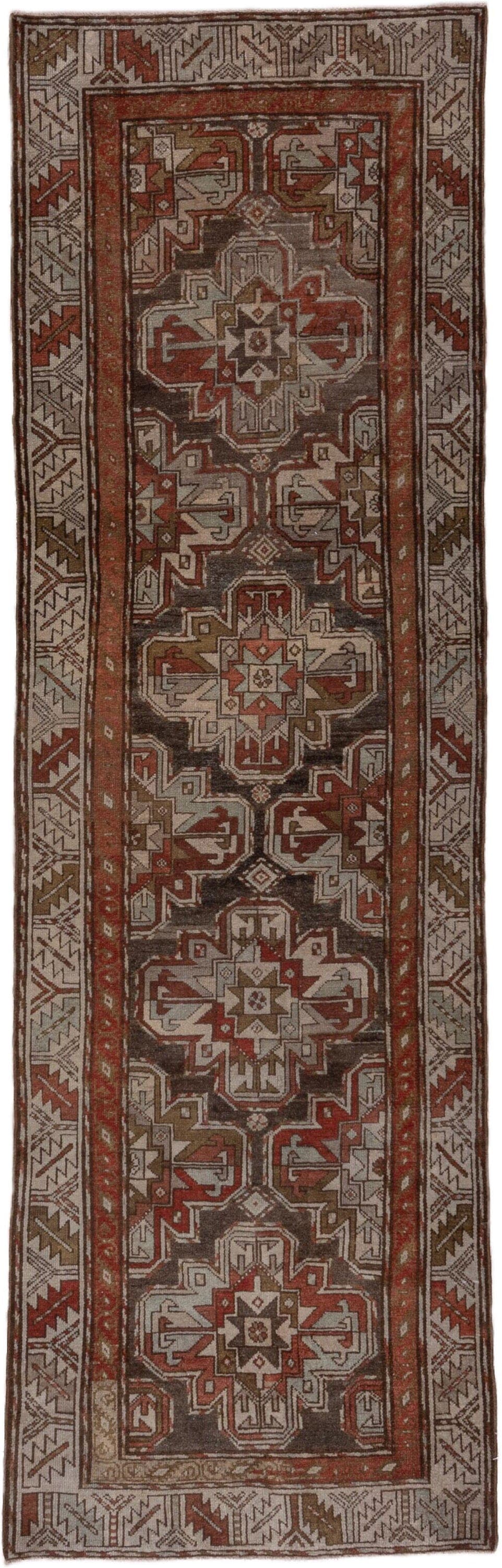 3' x 9' one-of-a-kind handmade antique Malayer runner rug. Color palette: brown, rust, ivory, taupe, terracotta, charcoal