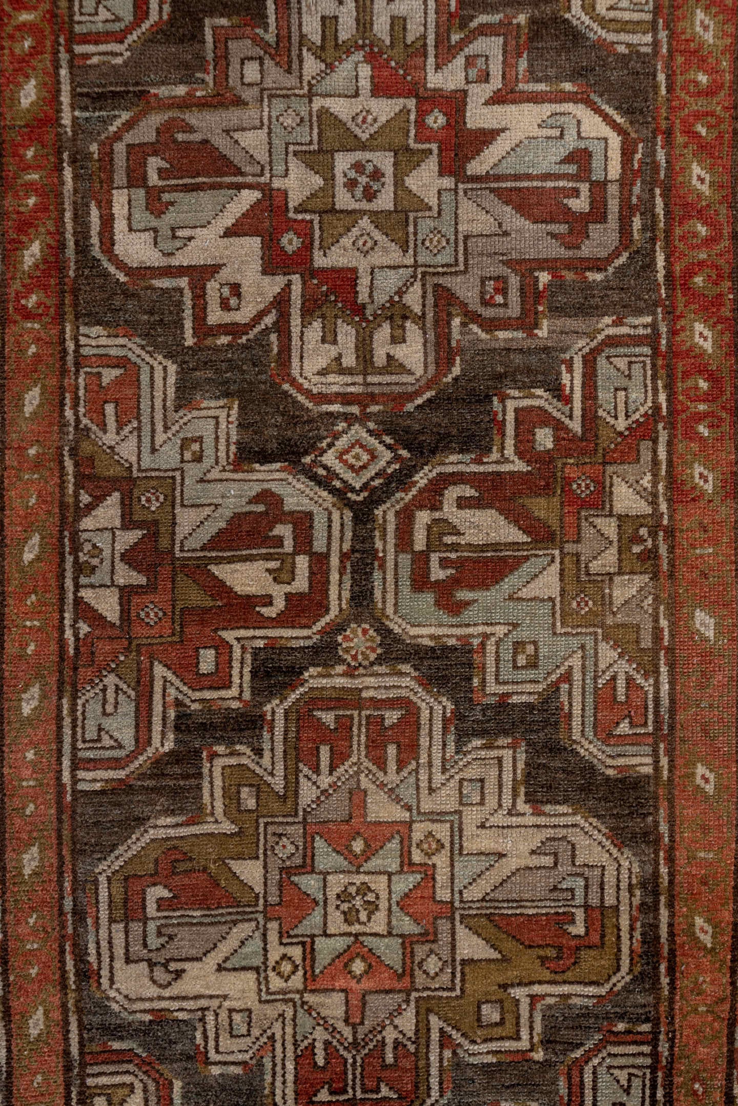 3' x 9' one-of-a-kind handmade antique Malayer runner rug. Color palette: brown, rust, ivory, taupe, terracotta, charcoal