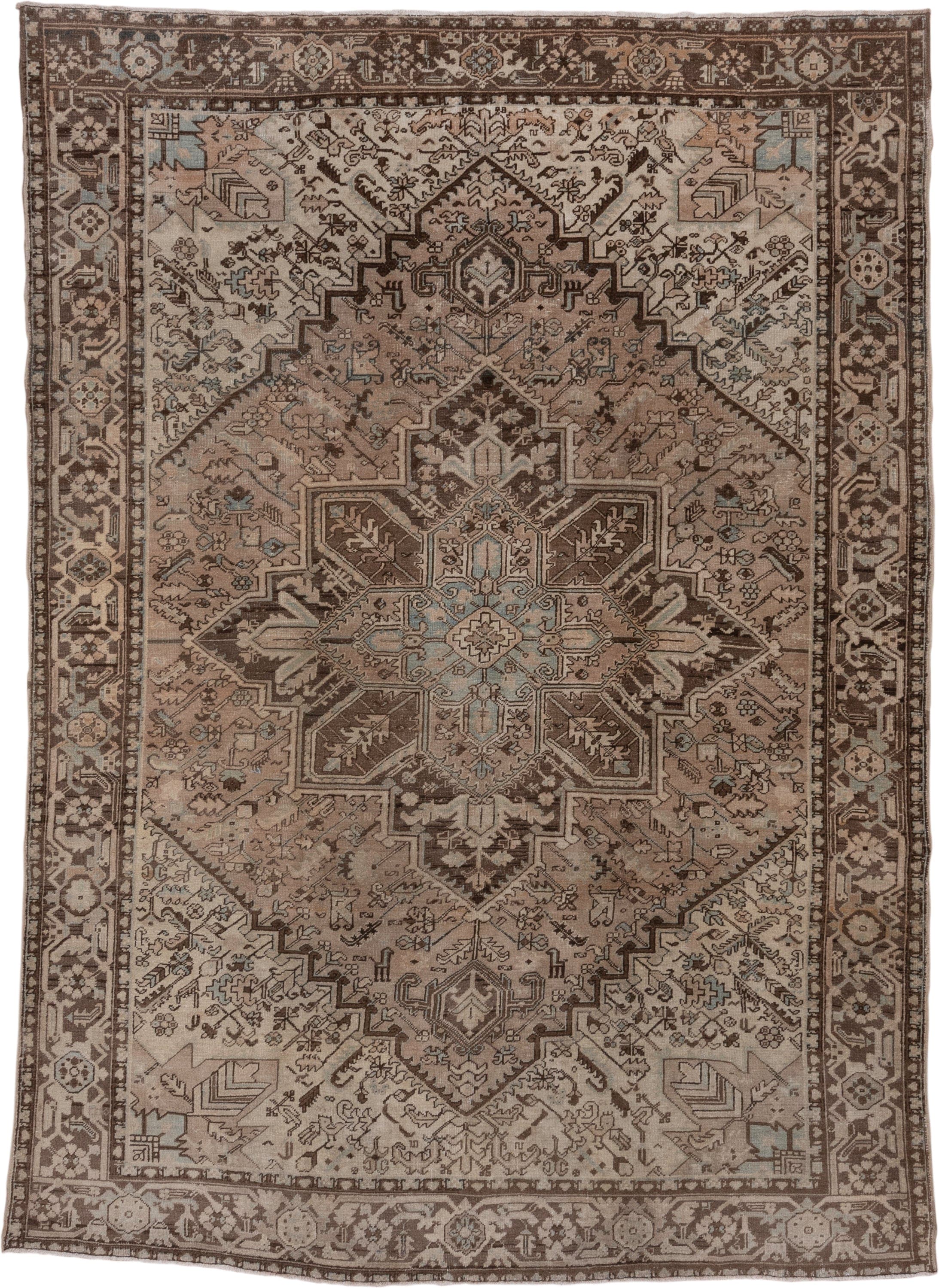 8' x 10' one-of-a-kind handmade antique Heriz large size rug. Color palette: taupe, brown, ivory, pale blue, camel, charcoal