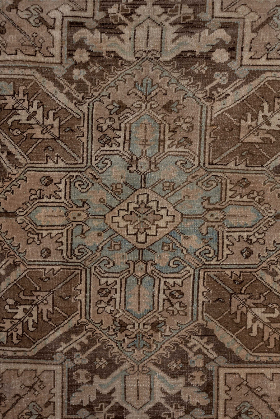 8' x 10' one-of-a-kind handmade antique Heriz large size rug. Color palette: taupe, brown, ivory, pale blue, camel, charcoal