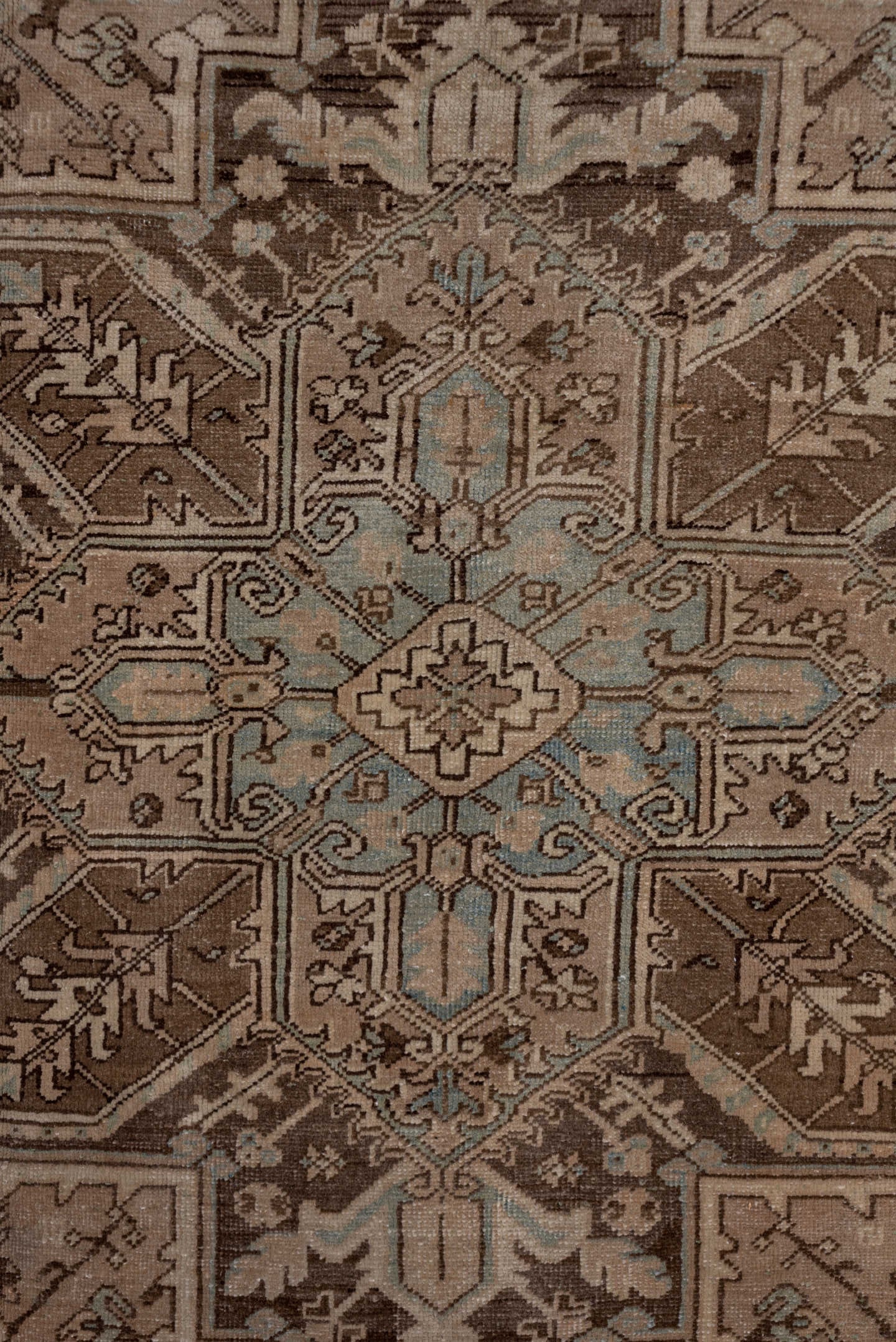 8' x 10' one-of-a-kind handmade antique Heriz large size rug. Color palette: taupe, brown, ivory, pale blue, camel, charcoal