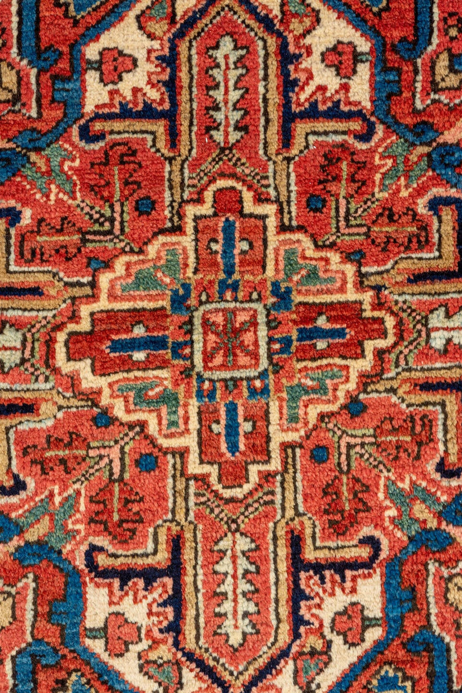 8' x 10' one-of-a-kind handmade antique Heriz large size rug. Color palette: rust, ivory, navy, terracotta, sage, coral