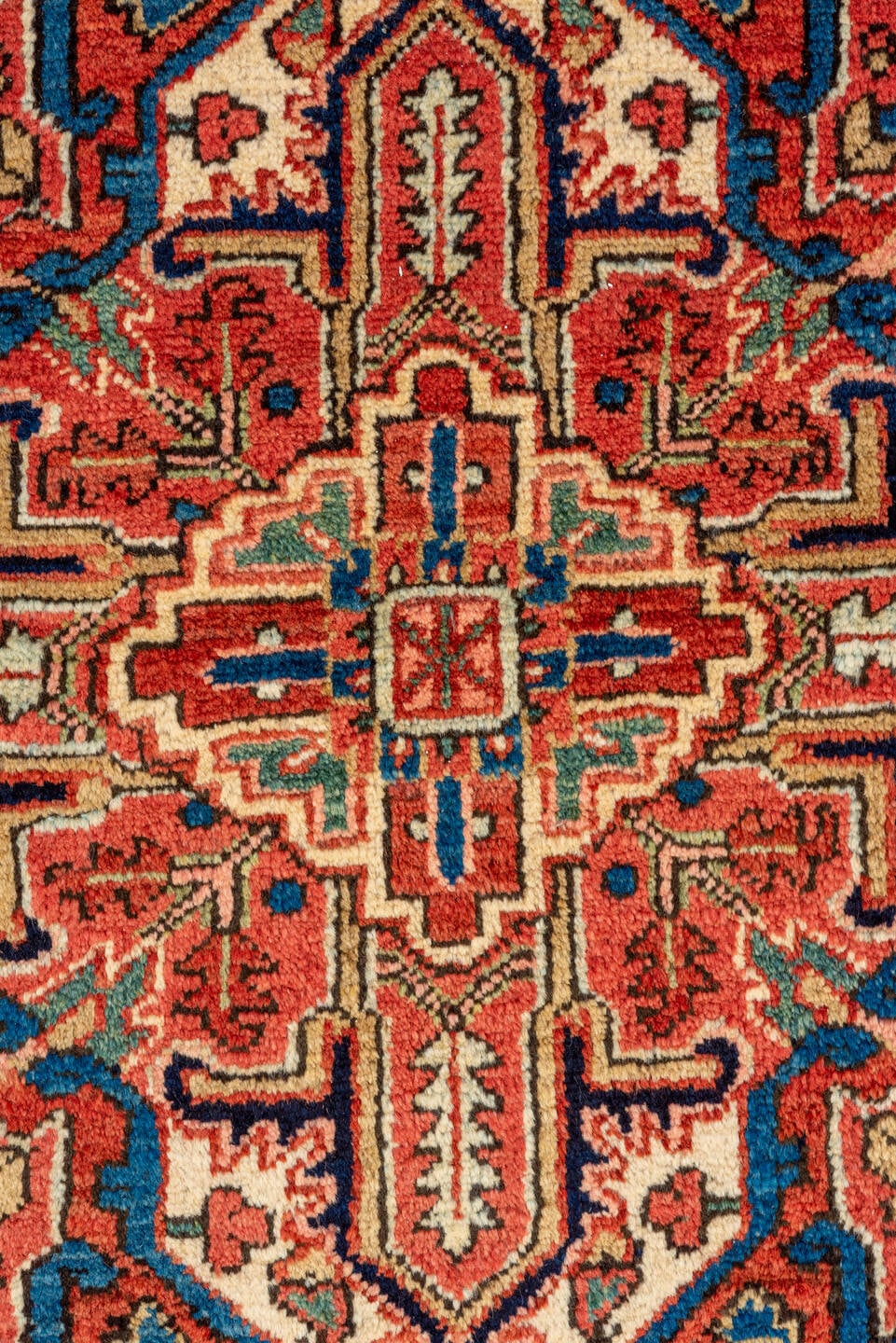 8' x 10' one-of-a-kind handmade antique Heriz large size rug. Color palette: rust, ivory, navy, terracotta, sage, coral