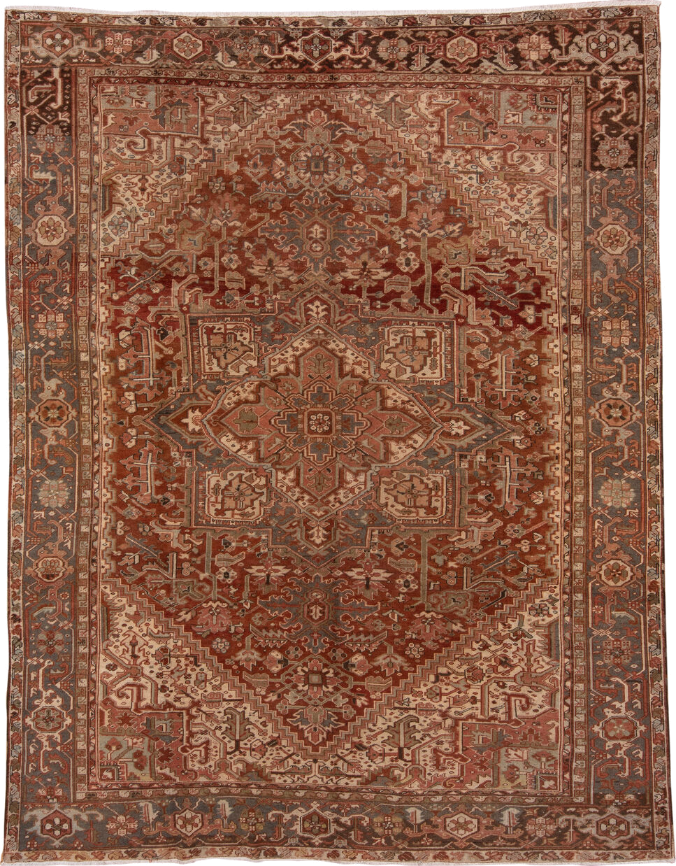 9' x 12' one-of-a-kind handmade vintage Heriz large size rug. Color palette: rust, terracotta, ivory, slate, taupe, brown