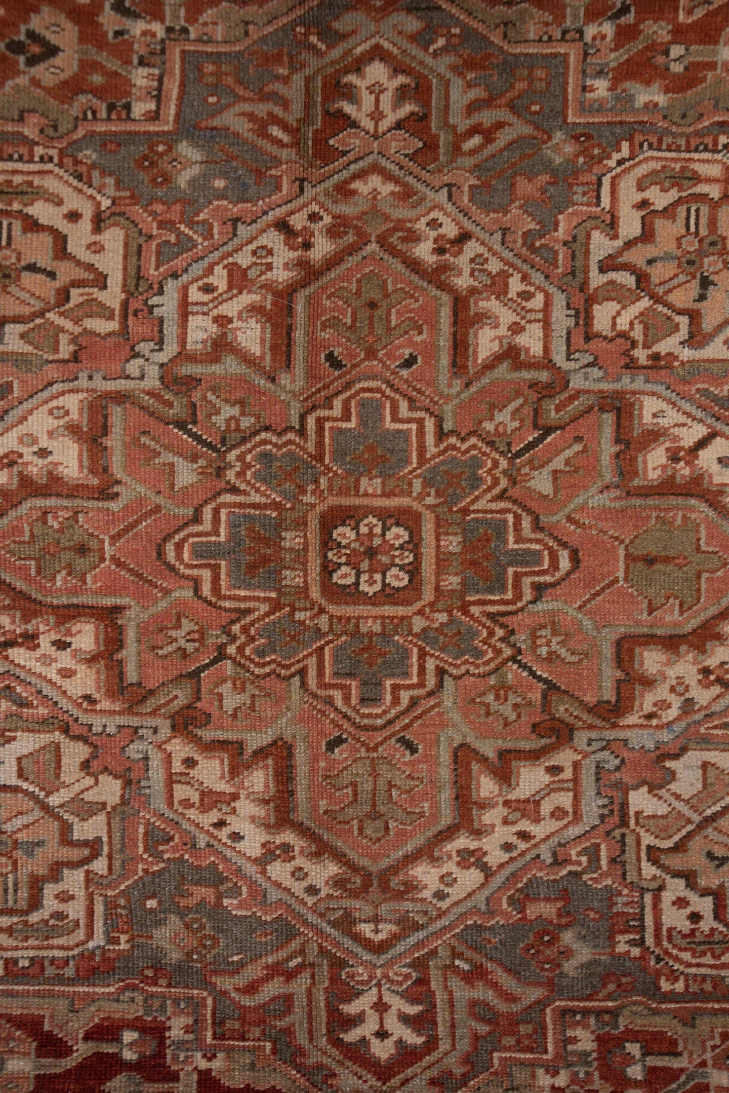 9' x 12' one-of-a-kind handmade vintage Heriz large size rug. Color palette: rust, terracotta, ivory, slate, taupe, brown