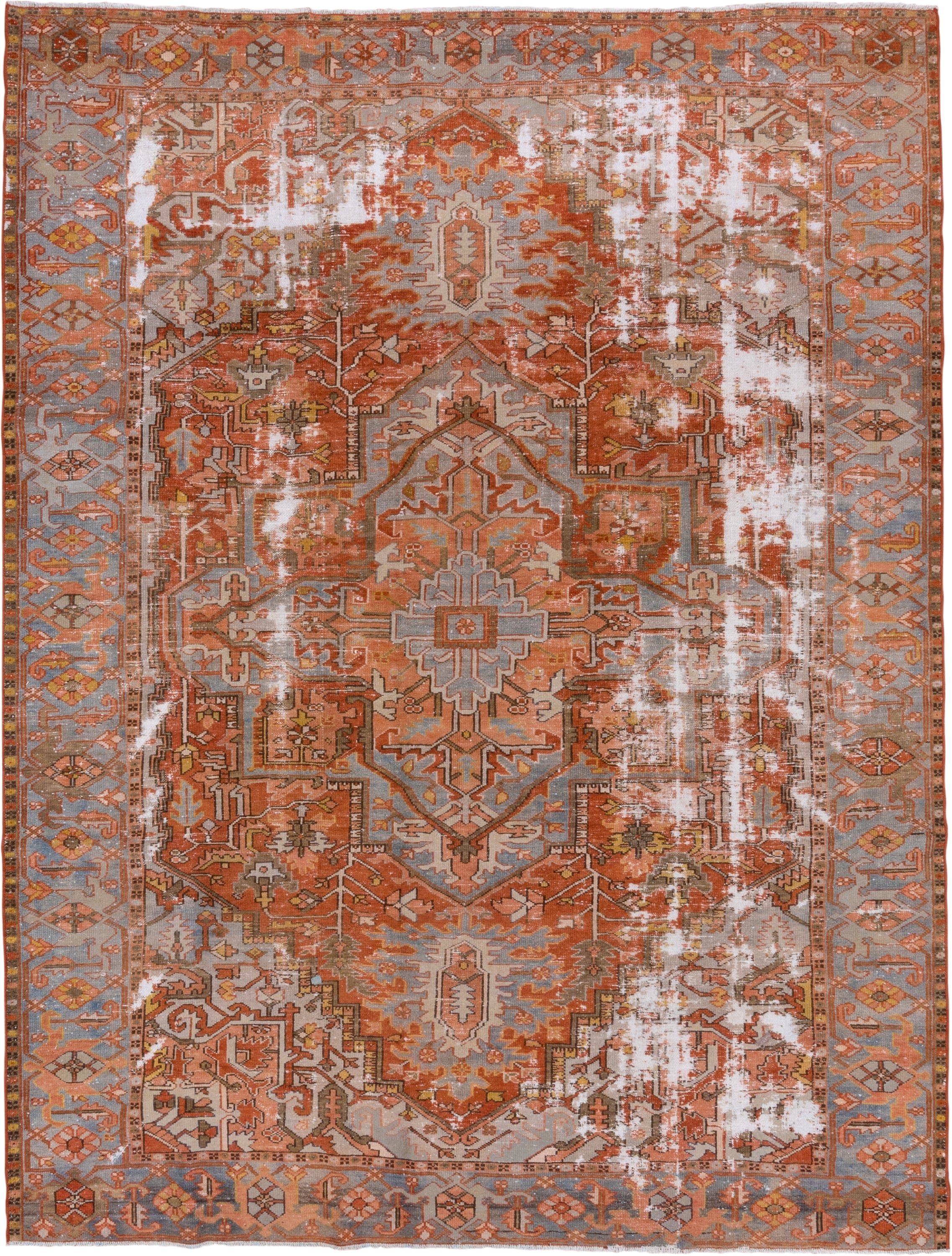 8' x 10' one-of-a-kind handmade antique Serapi large size rug. Color palette: terra cotta, light blue, ivory, rust, taupe