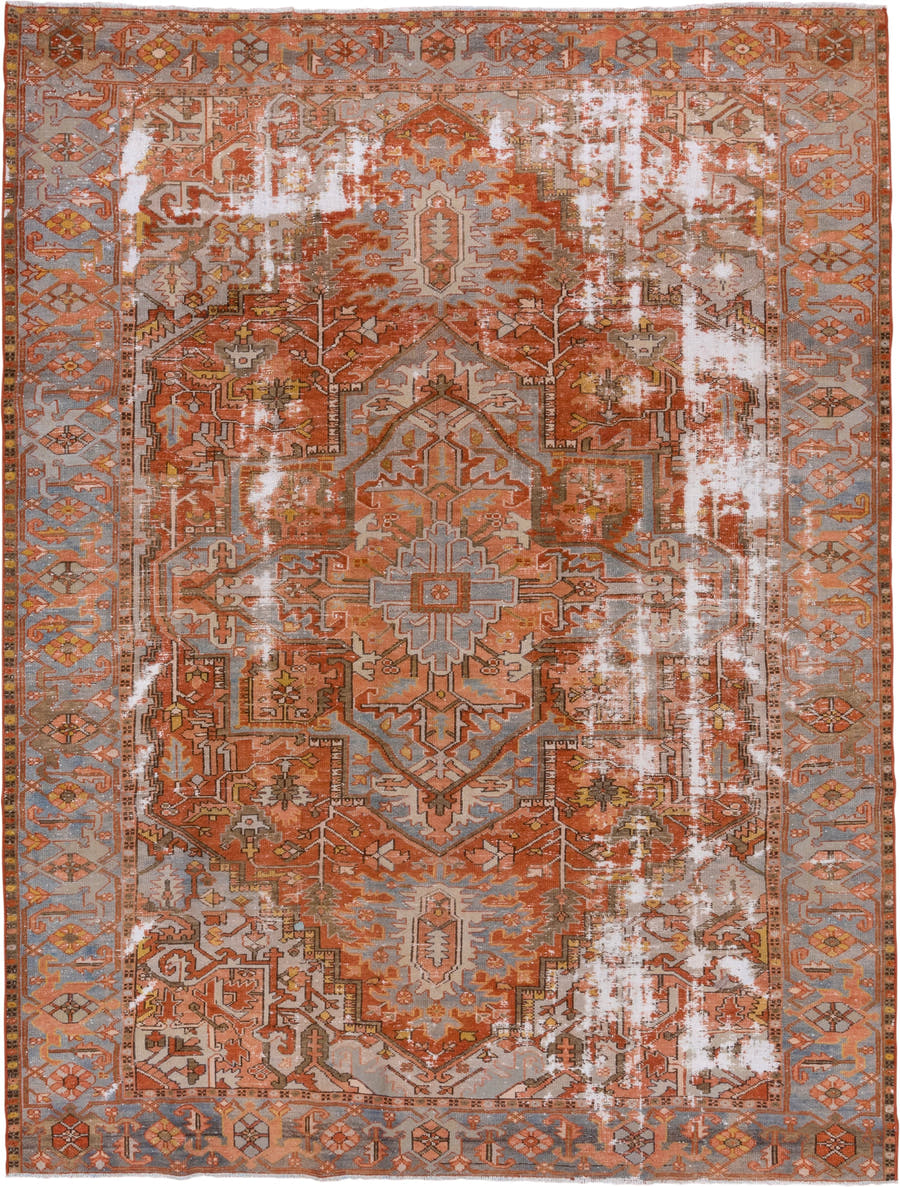 8' x 10' one-of-a-kind handmade antique Serapi large size rug. Color palette: terra cotta, light blue, ivory, rust, taupe