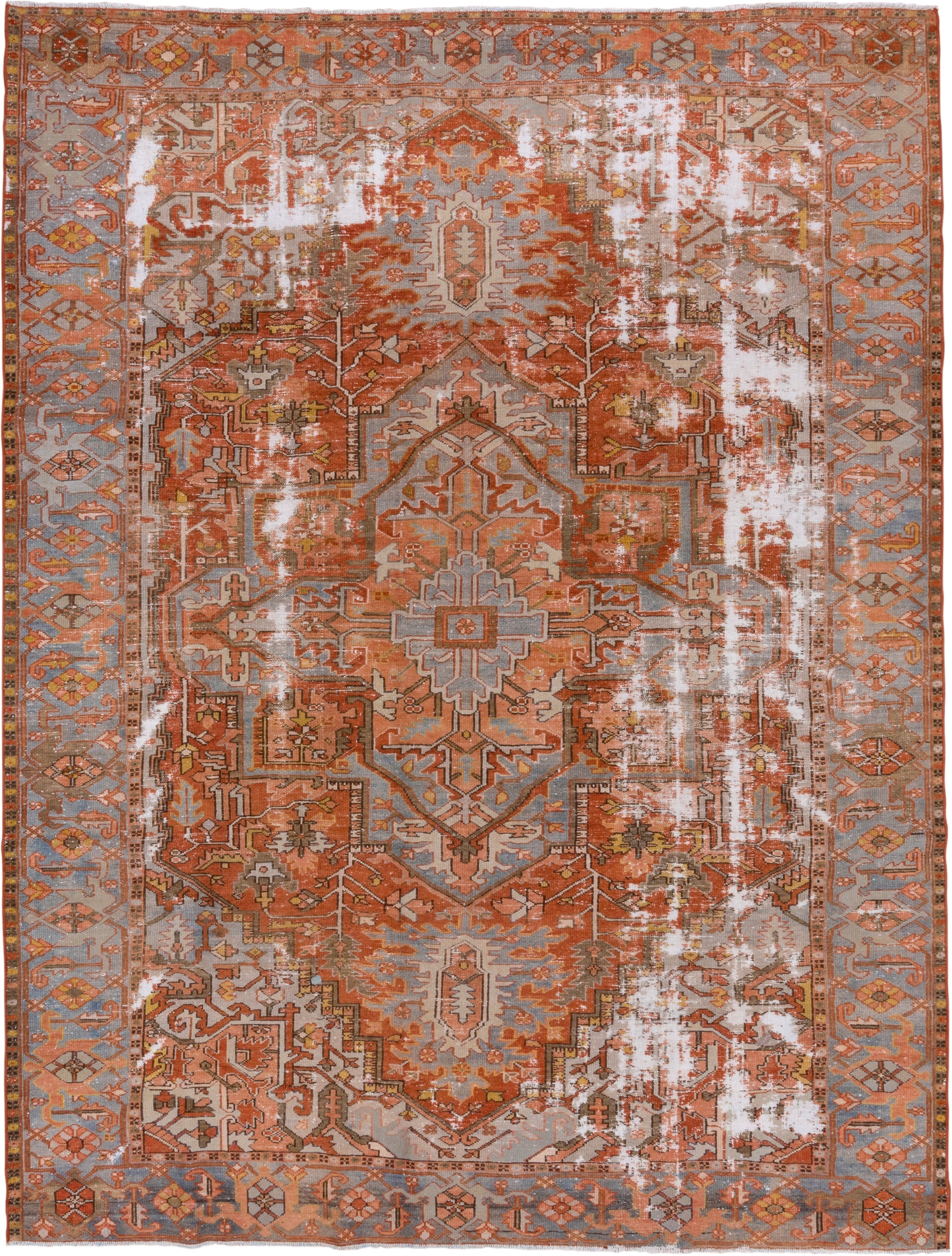 8' x 10' one-of-a-kind handmade antique Serapi large size rug. Color palette: terra cotta, light blue, ivory, rust, taupe