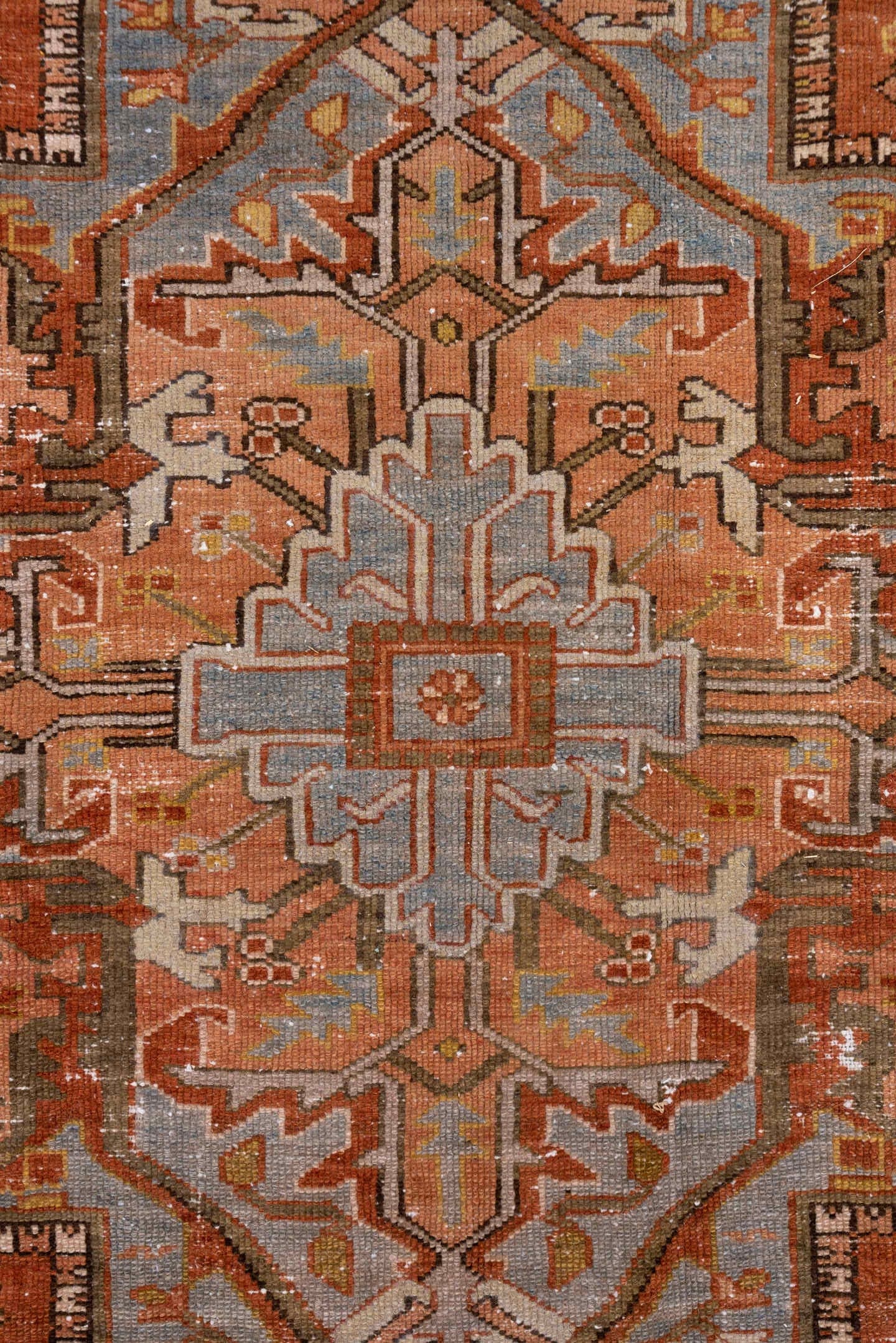 8' x 10' one-of-a-kind handmade antique Serapi large size rug. Color palette: terra cotta, light blue, ivory, rust, taupe