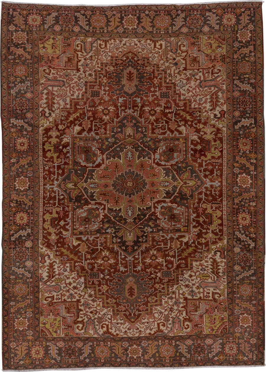 8' x 11' one-of-a-kind handmade antique Heriz large size rug. Color palette: rust, ivory, charcoal, terra cotta, olive