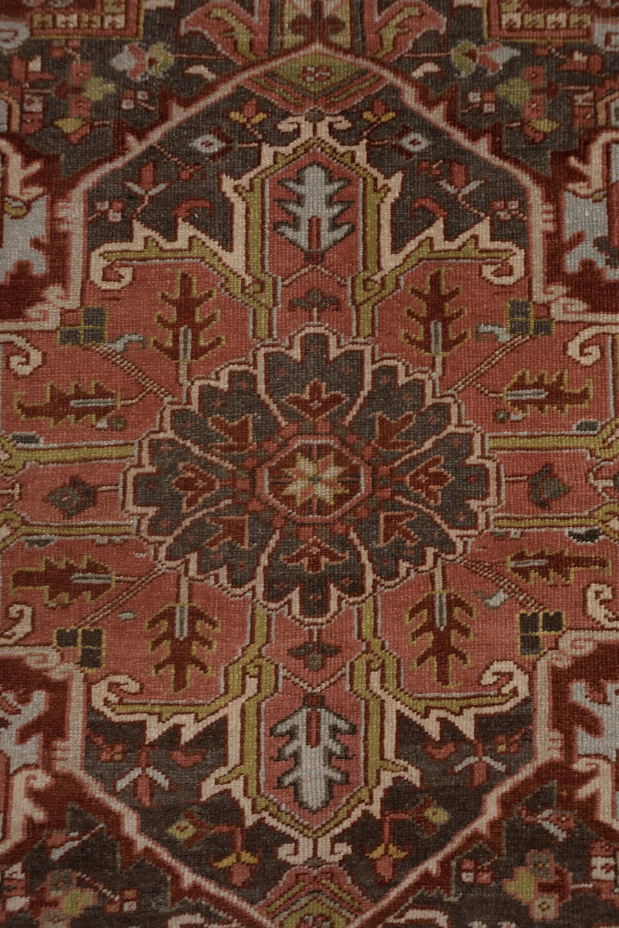 8' x 11' one-of-a-kind handmade antique Heriz large size rug. Color palette: rust, ivory, charcoal, terra cotta, olive