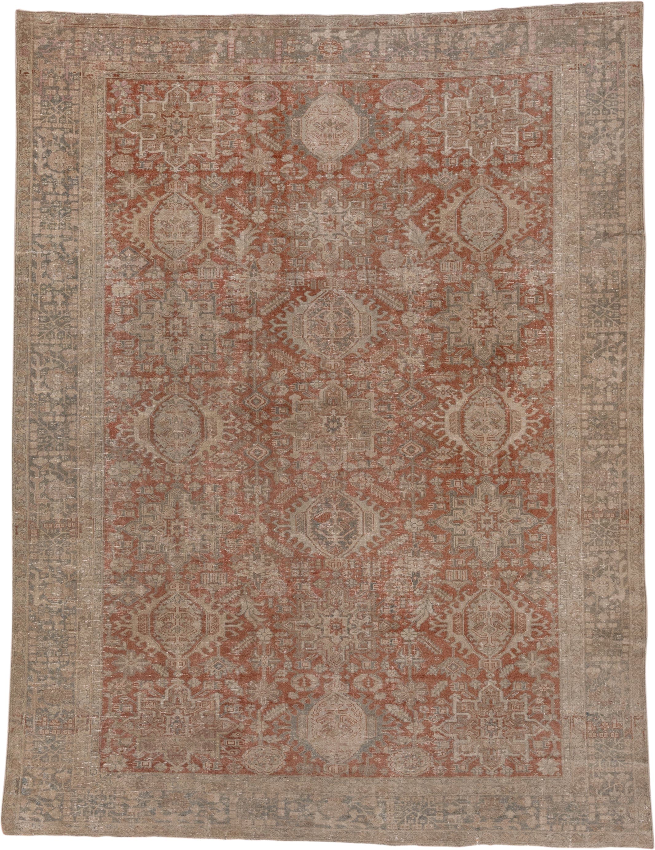 7' x 10' one-of-a-kind handmade antique Karaje large size rug. Color palette: terra cotta, taupe, beige, ivory, slate, camel