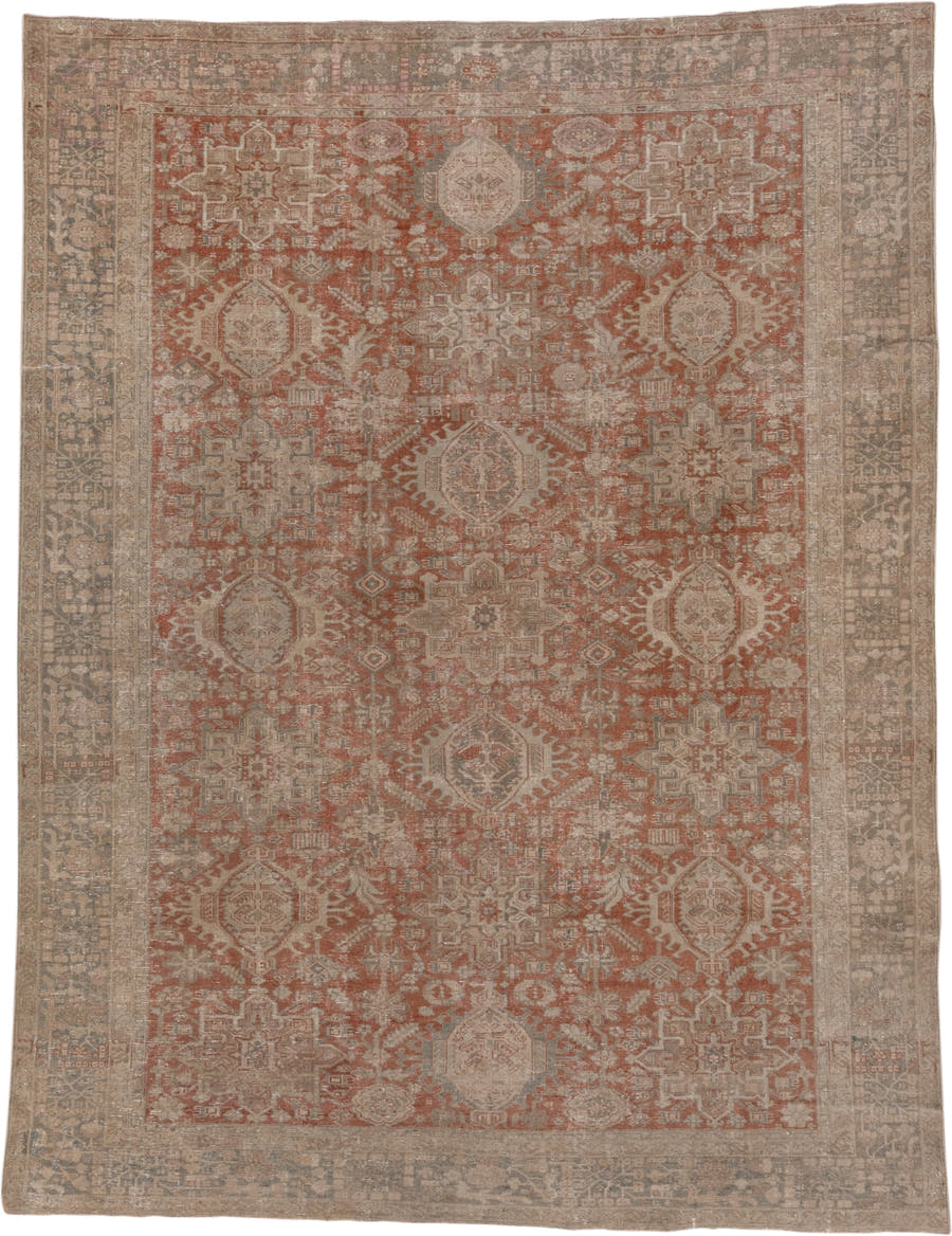 7' x 10' one-of-a-kind handmade antique Karaje large size rug. Color palette: terra cotta, taupe, beige, ivory, slate, camel