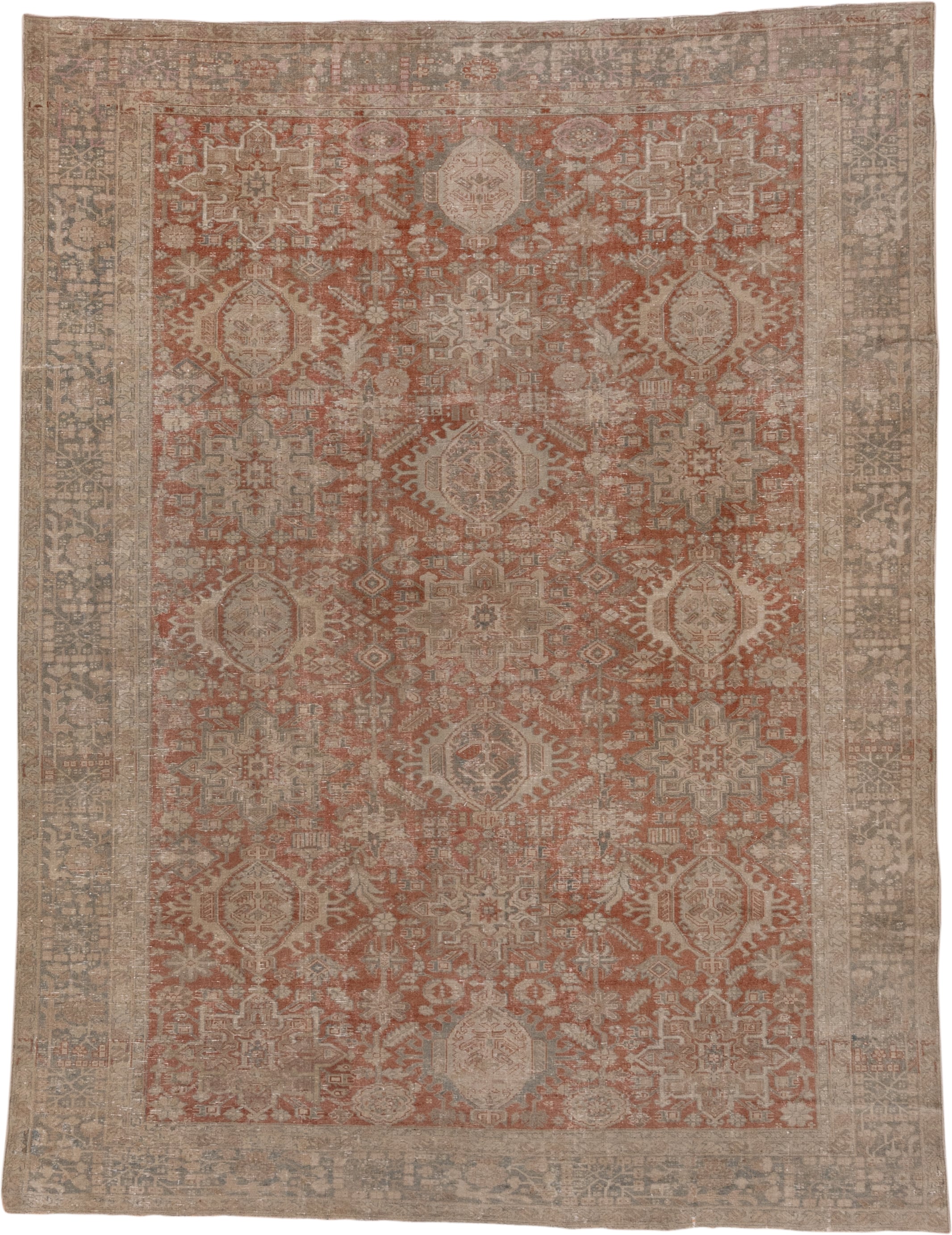 7' x 10' one-of-a-kind handmade antique Karaje large size rug. Color palette: terra cotta, taupe, beige, ivory, slate, camel