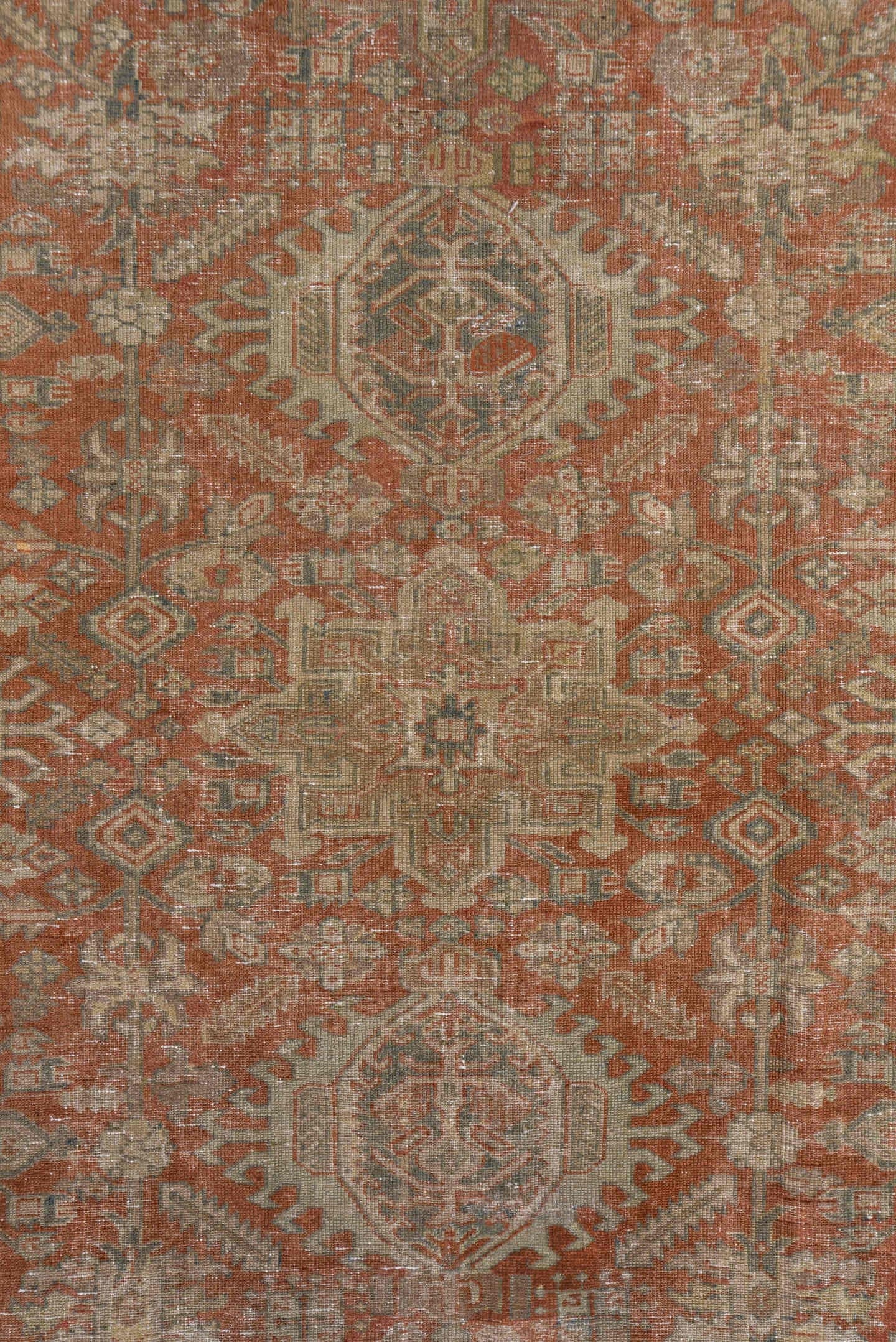 7' x 10' one-of-a-kind handmade antique Karaje large size rug. Color palette: terra cotta, taupe, beige, ivory, slate, camel