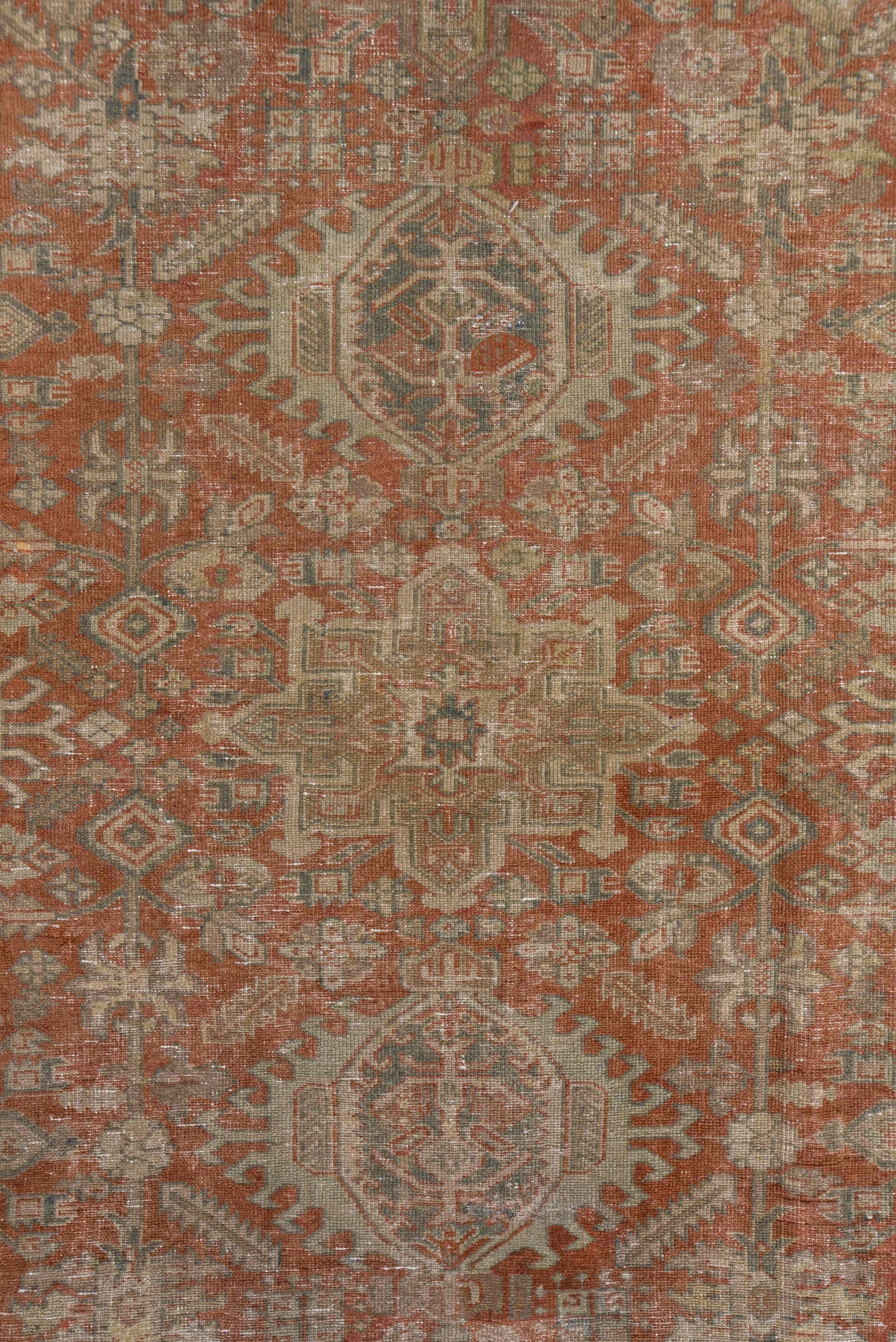 7' x 10' one-of-a-kind handmade antique Karaje large size rug. Color palette: terra cotta, taupe, beige, ivory, slate, camel