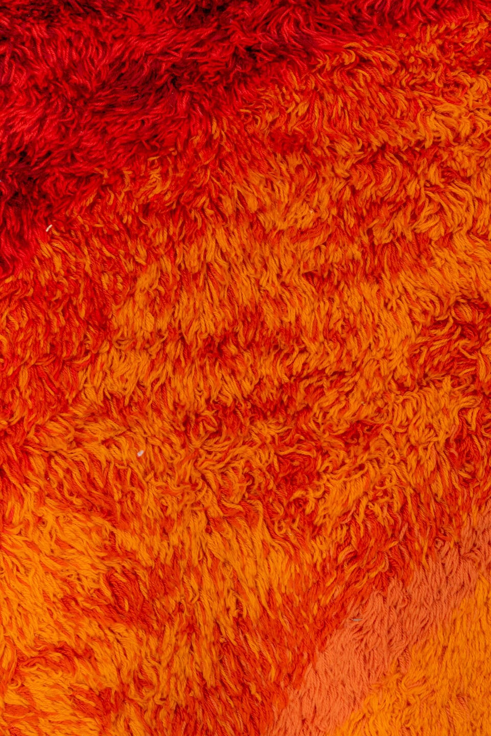 8' x 11' one-of-a-kind handmade vintage Shag large size rug. Color palette: red, orange, crimson, coral, burgundy, peach