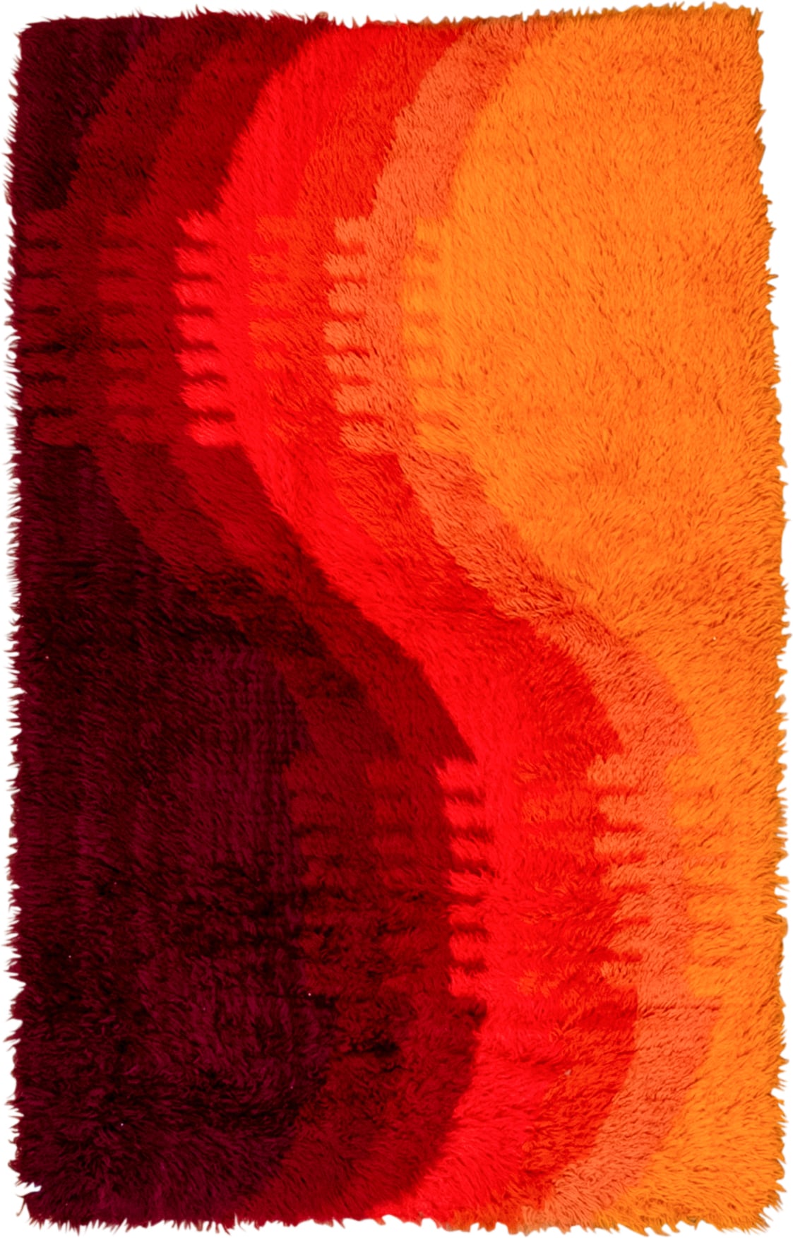 3' x 5' one-of-a-kind handmade vintage Shag small size rug. Color palette: orange, red, burgundy, coral, terracotta