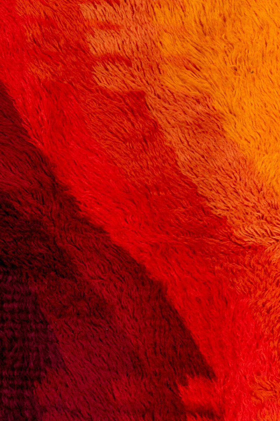 3' x 5' one-of-a-kind handmade vintage Shag small size rug. Color palette: orange, red, burgundy, coral, terracotta