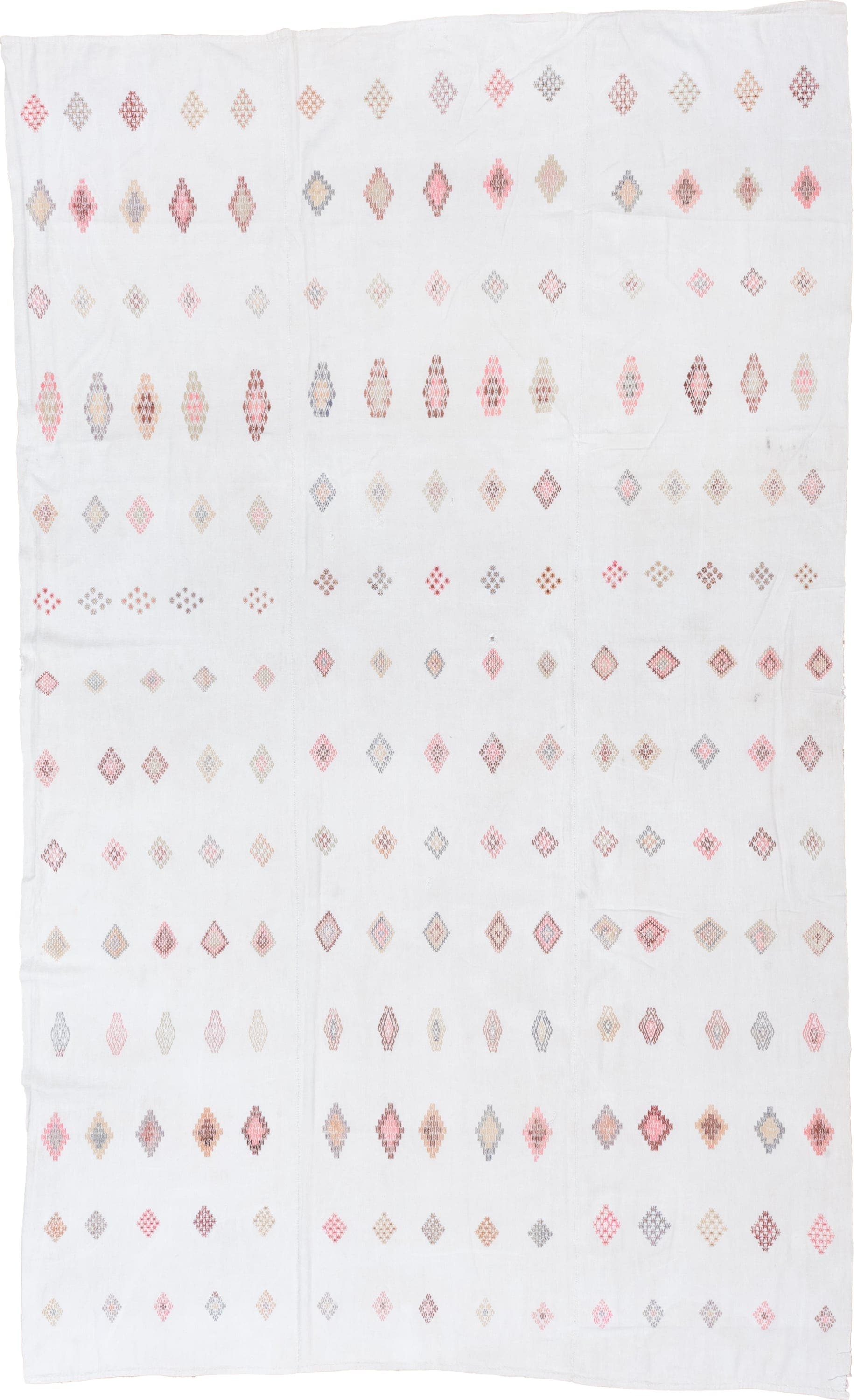 7' x 11' one-of-a-kind handmade antique Flatweave large size rug. Color palette: ivory, rose, blush, taupe, peach, gray