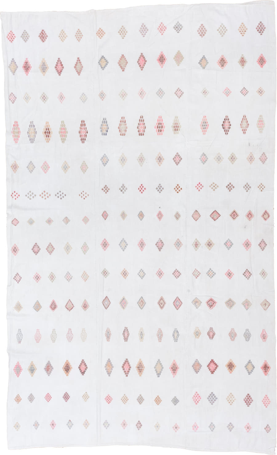 7' x 11' one-of-a-kind handmade antique Flatweave large size rug. Color palette: ivory, rose, blush, taupe, peach, gray