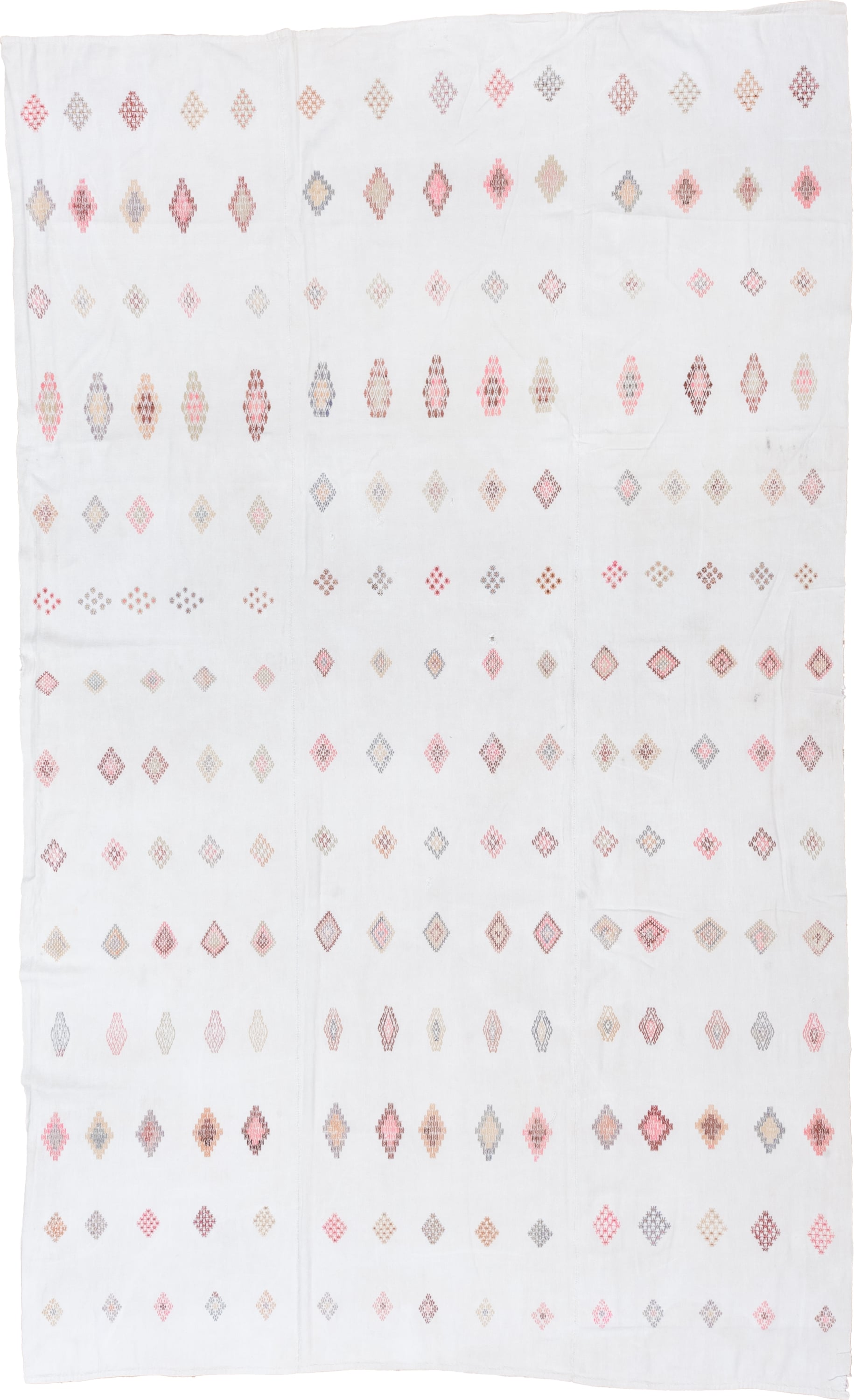 7' x 11' one-of-a-kind handmade antique Flatweave large size rug. Color palette: ivory, rose, blush, taupe, peach, gray