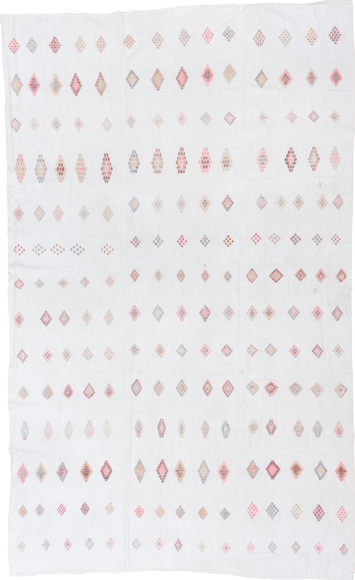 7' x 11' one-of-a-kind handmade antique Flatweave large size rug. Color palette: ivory, rose, blush, taupe, peach, gray